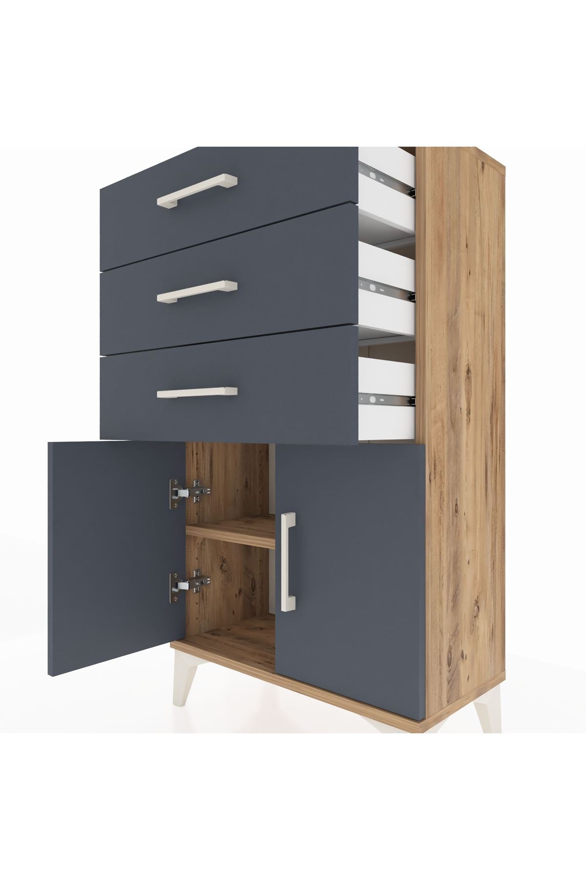 Arges Komodin Tek Raflı 3 Çekmeceli 2 Kapaklı 60x30x106 Çam-Antrasit