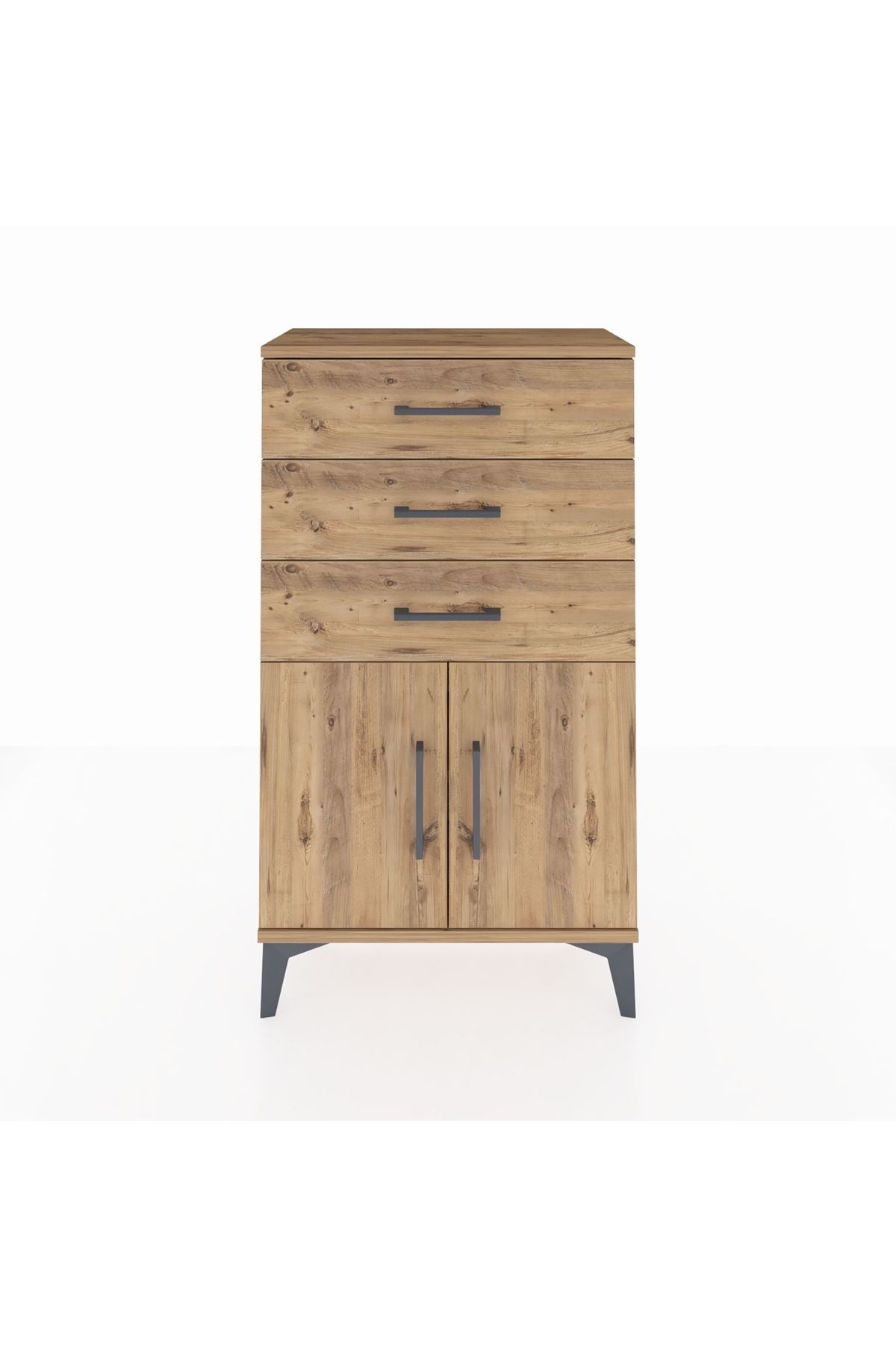 Arges Komodin Tek Raflı 3 Çekmeceli 2 Kapaklı 60x30x106 Çam-Çam