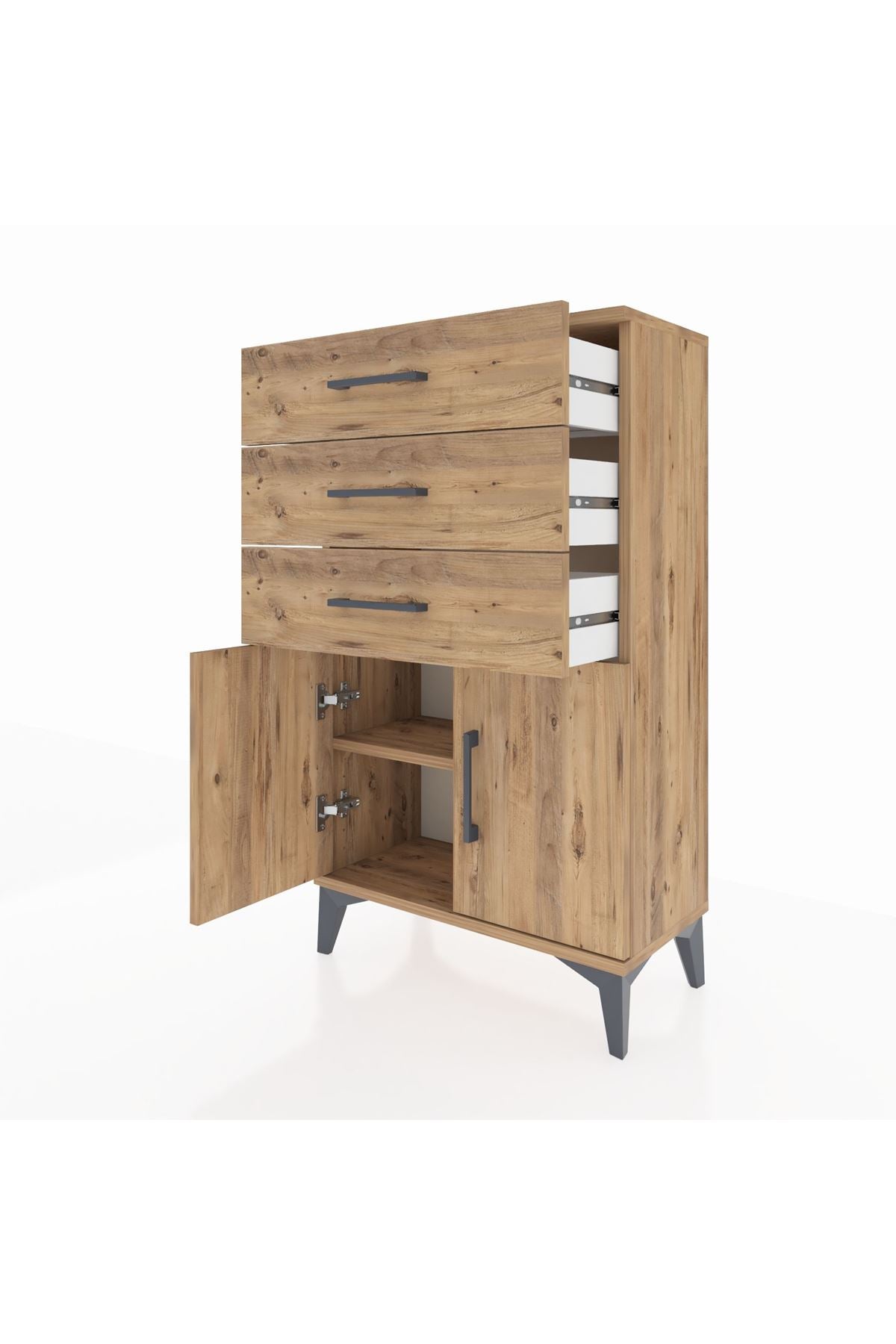 Arges Komodin Tek Raflı 3 Çekmeceli 2 Kapaklı 60x30x106 Çam-Çam