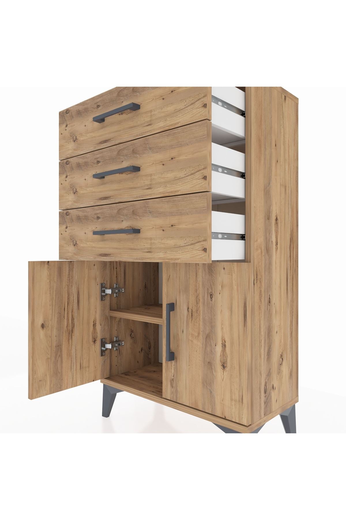 Arges Komodin Tek Raflı 3 Çekmeceli 2 Kapaklı 60x30x106 Çam-Çam