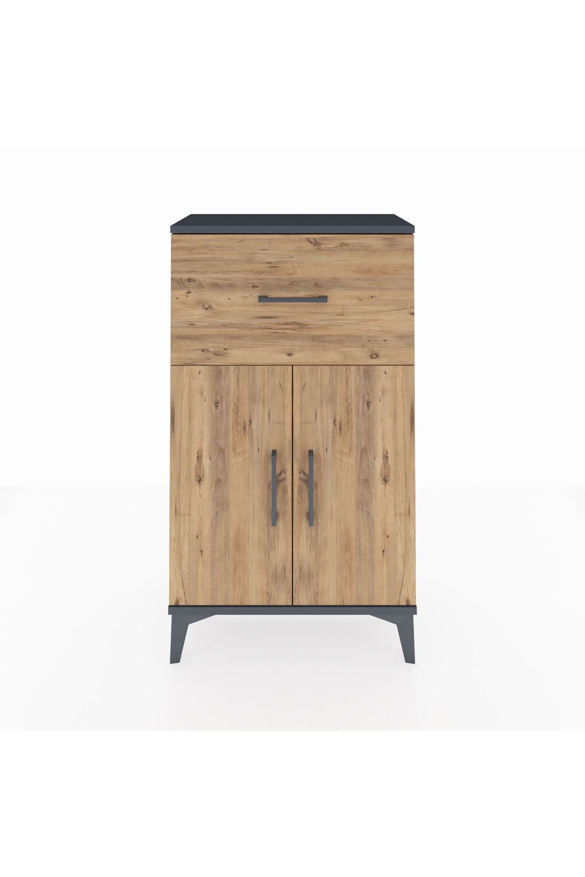 Arges Komodin Tek Raflı Tek Çekmeceli 2 Kapaklı 60x30x106 Antrasit-Çam