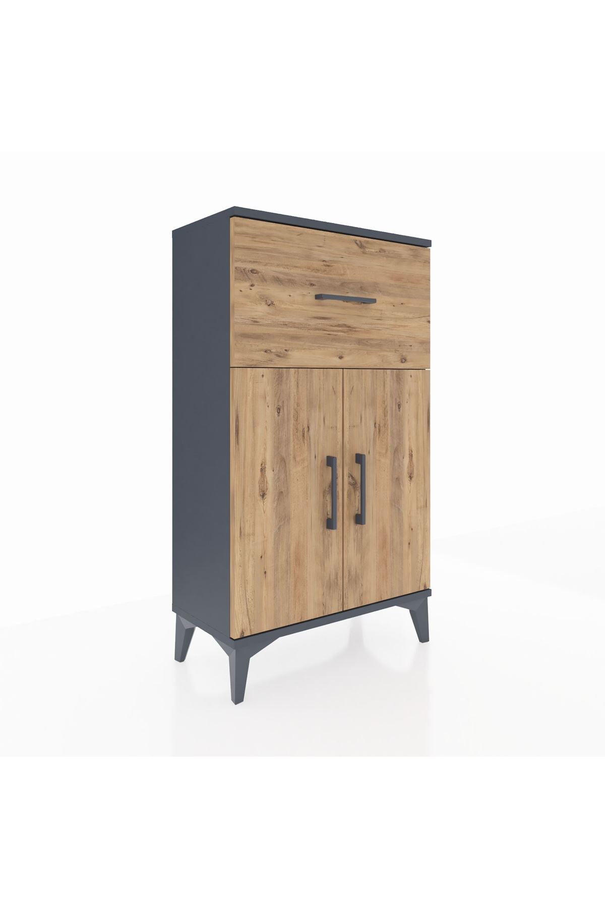 Arges Komodin Tek Raflı Tek Çekmeceli 2 Kapaklı 60x30x106 Antrasit-Çam