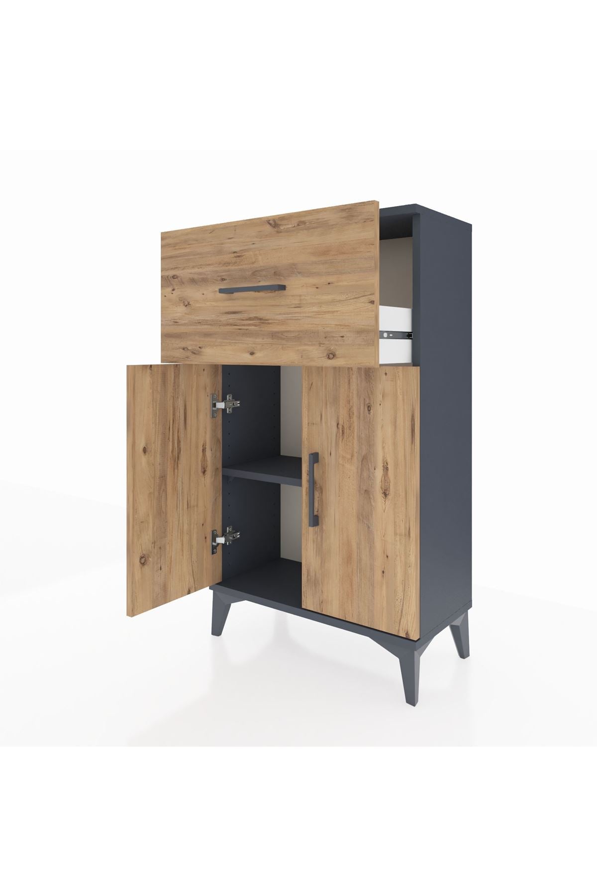 Arges Komodin Tek Raflı Tek Çekmeceli 2 Kapaklı 60x30x106 Antrasit-Çam