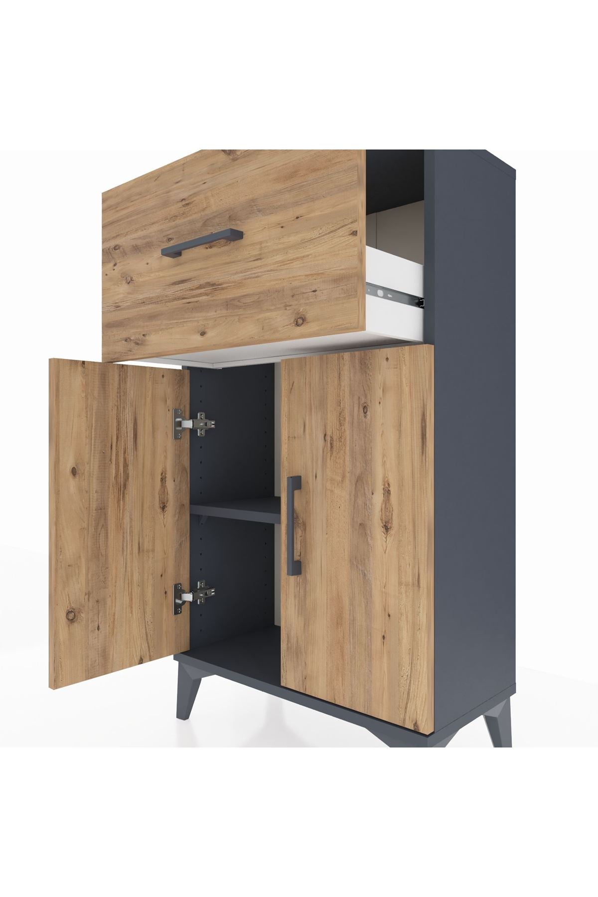 Arges Komodin Tek Raflı Tek Çekmeceli 2 Kapaklı 60x30x106 Antrasit-Çam