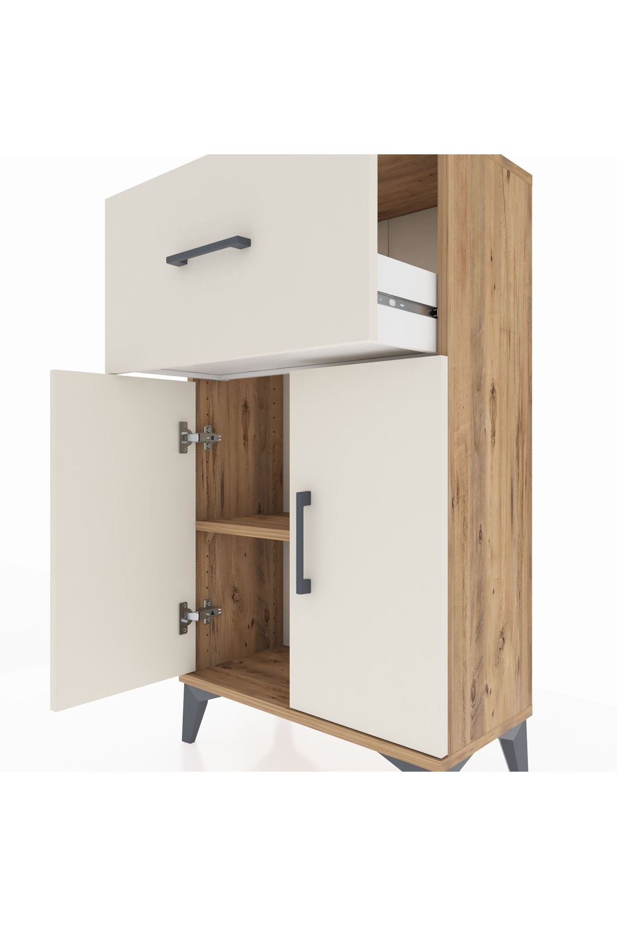 Arges Komodin Tek Raflı Tek Çekmeceli 2 Kapaklı 60x30x106 Çam-Aytaşı