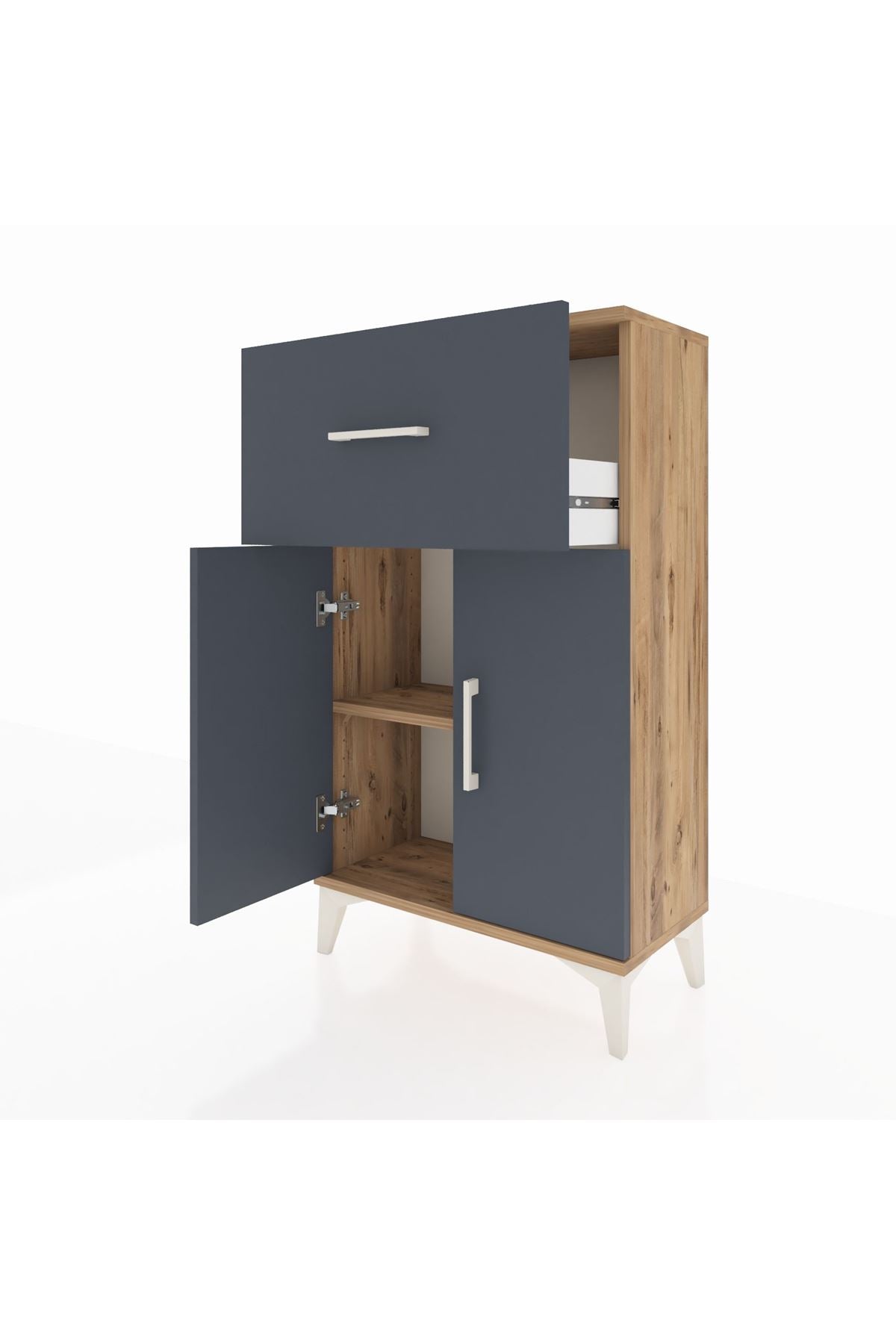 Arges Komodin Tek Raflı Tek Çekmeceli 2 Kapaklı 60x30x106 Çam-Antrasit