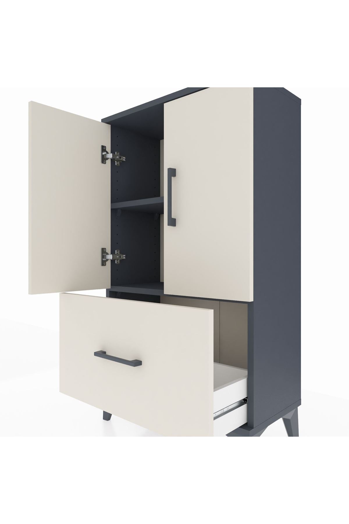 Arges Komodin 2 Raflı Tek Çekmeceli 2 Kapaklı 60x30x106 Antrasit-Aytaşı