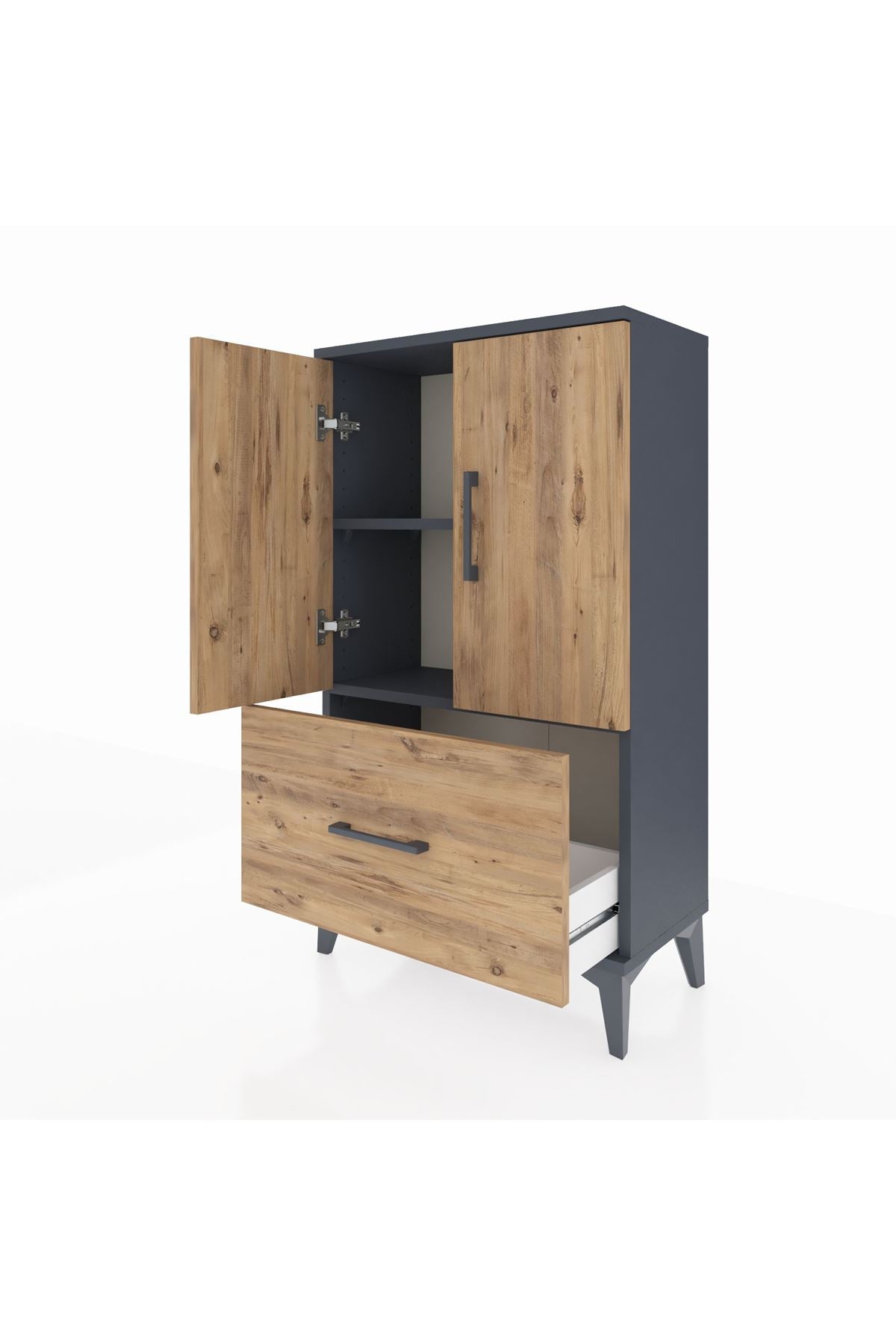 Arges Komodin 2 Raflı Tek Çekmeceli 2 Kapaklı 60x30x106 Antrasit-Çam
