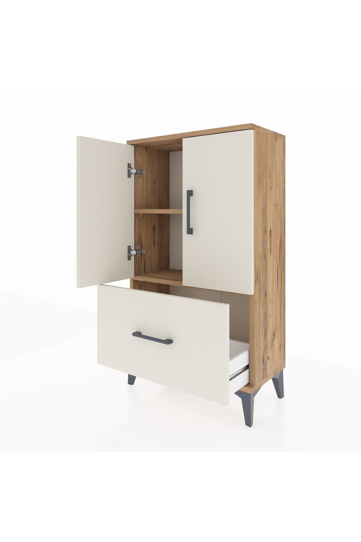 Arges Komodin 2 Raflı Tek Çekmeceli 2 Kapaklı 60x30x106 Çam-Aytaşı