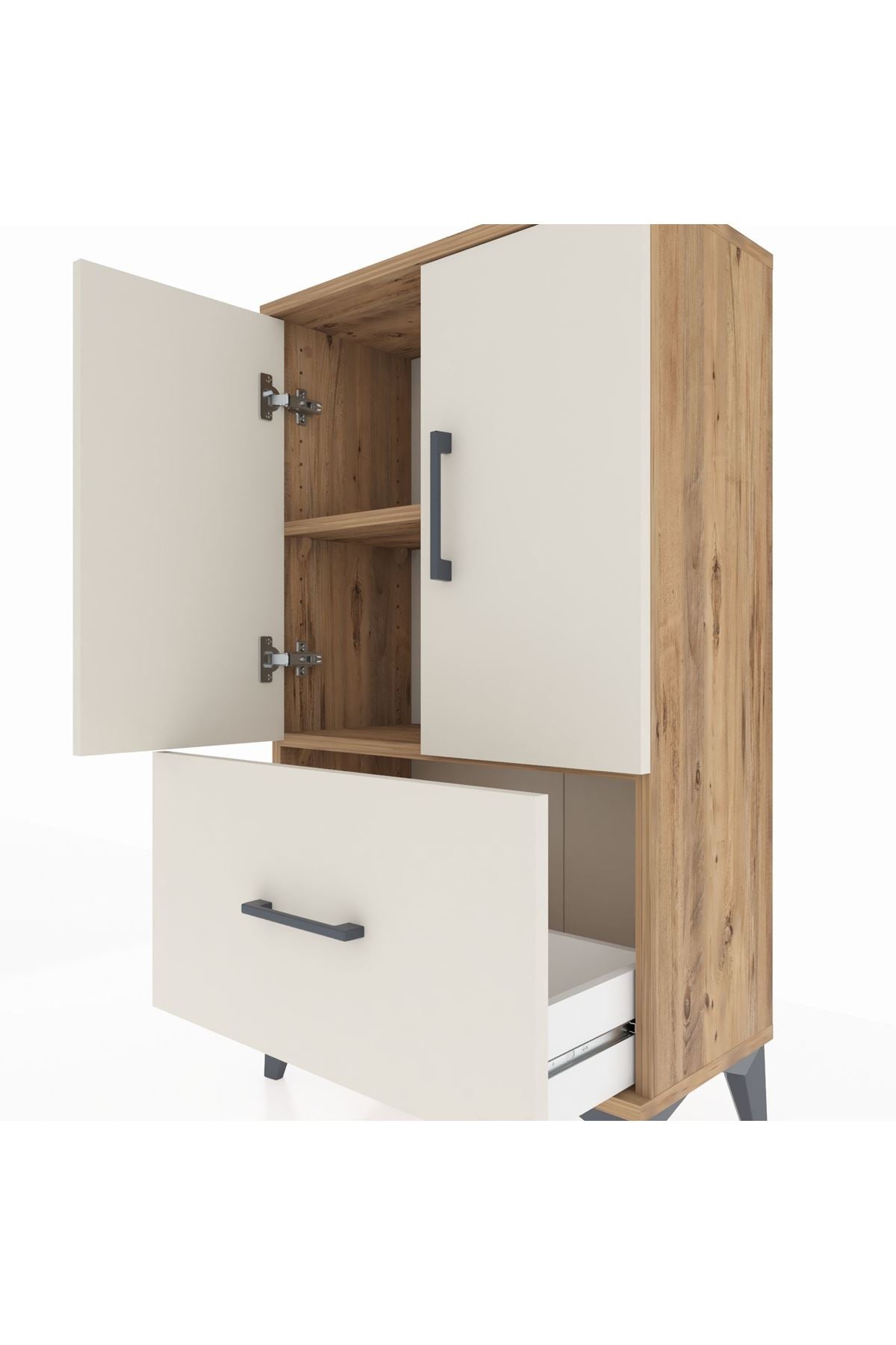 Arges Komodin 2 Raflı Tek Çekmeceli 2 Kapaklı 60x30x106 Çam-Aytaşı