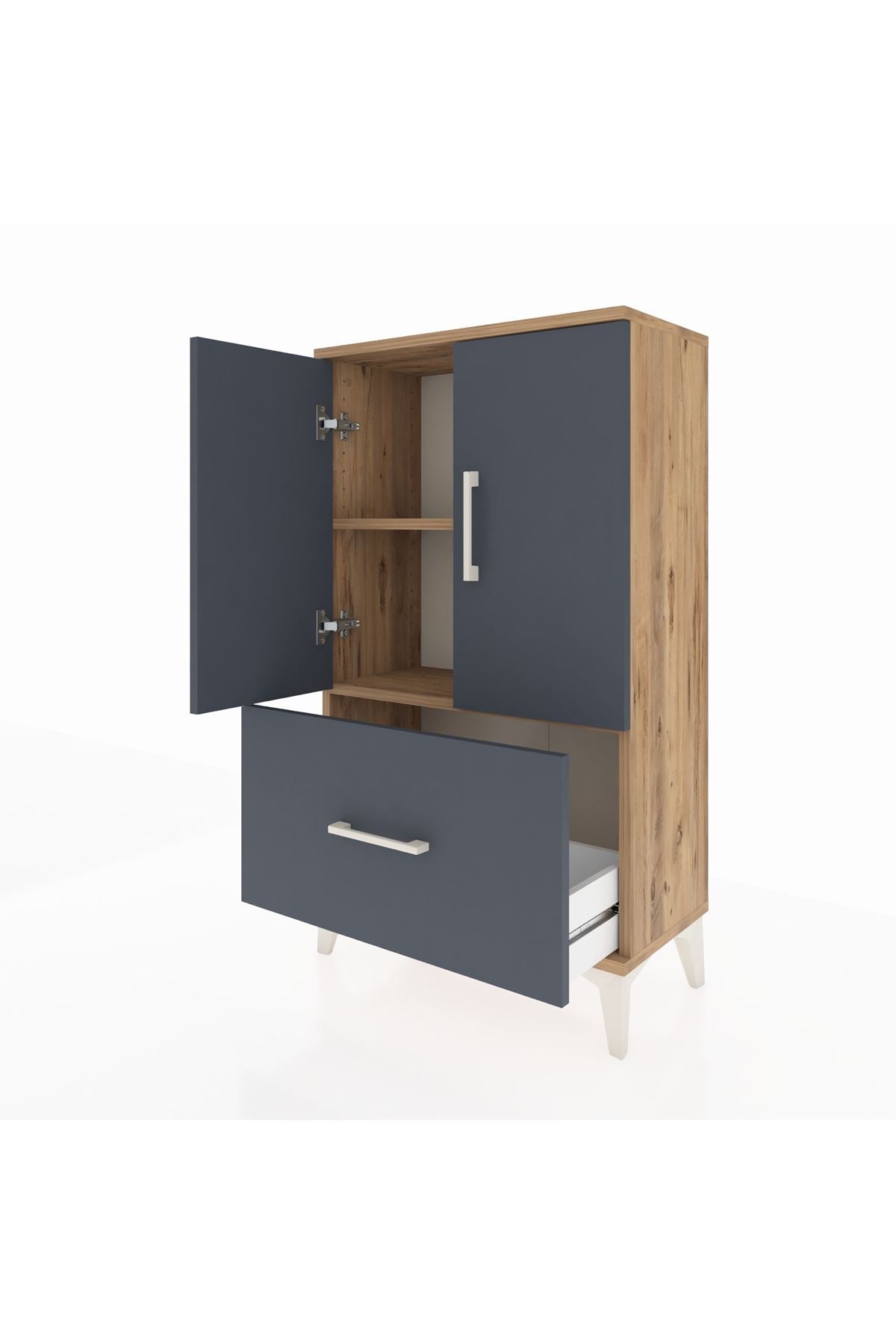 Arges Komodin 2 Raflı Tek Çekmeceli 2 Kapaklı 60x30x106 Çam-Antrasit