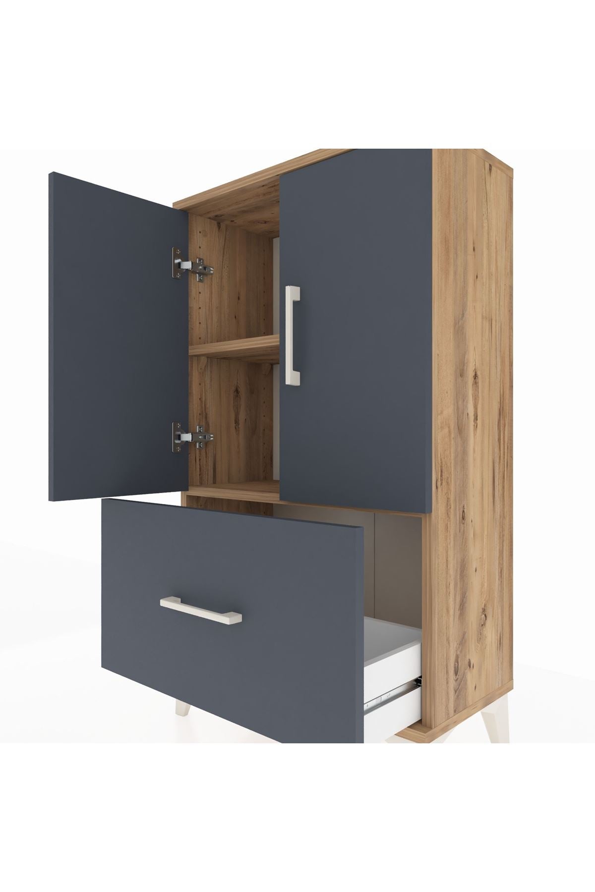 Arges Komodin 2 Raflı Tek Çekmeceli 2 Kapaklı 60x30x106 Çam-Antrasit