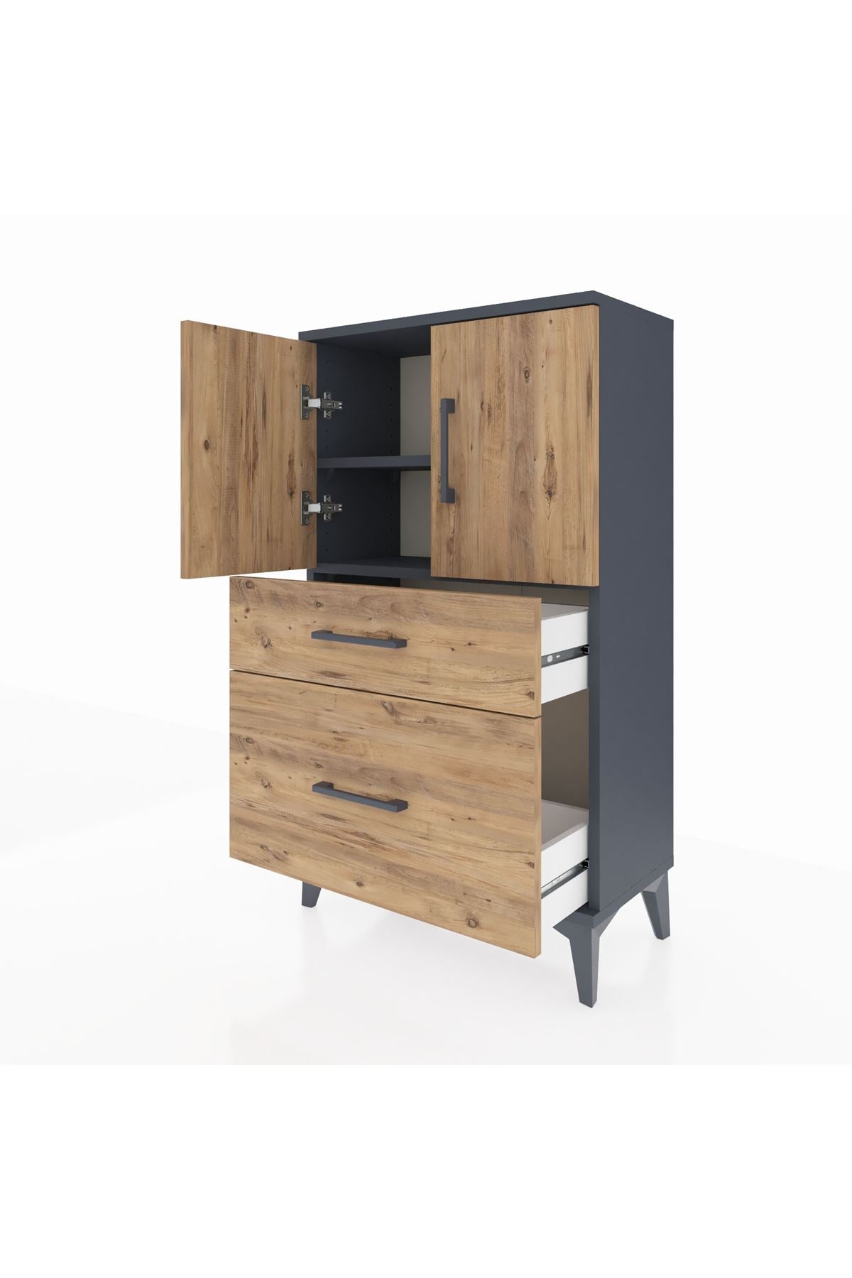 Arges Komodin 2 Raflı 2 Çekmeceli 2 Kapaklı 60x30x106 Antrasit-Çam