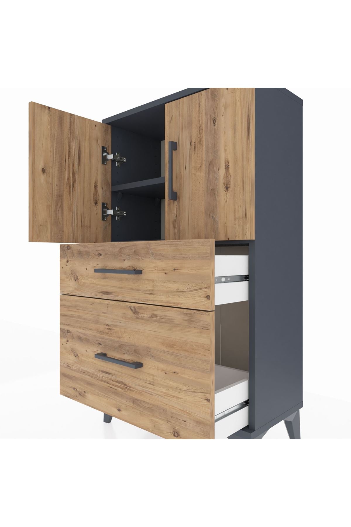 Arges Komodin 2 Raflı 2 Çekmeceli 2 Kapaklı 60x30x106 Antrasit-Çam