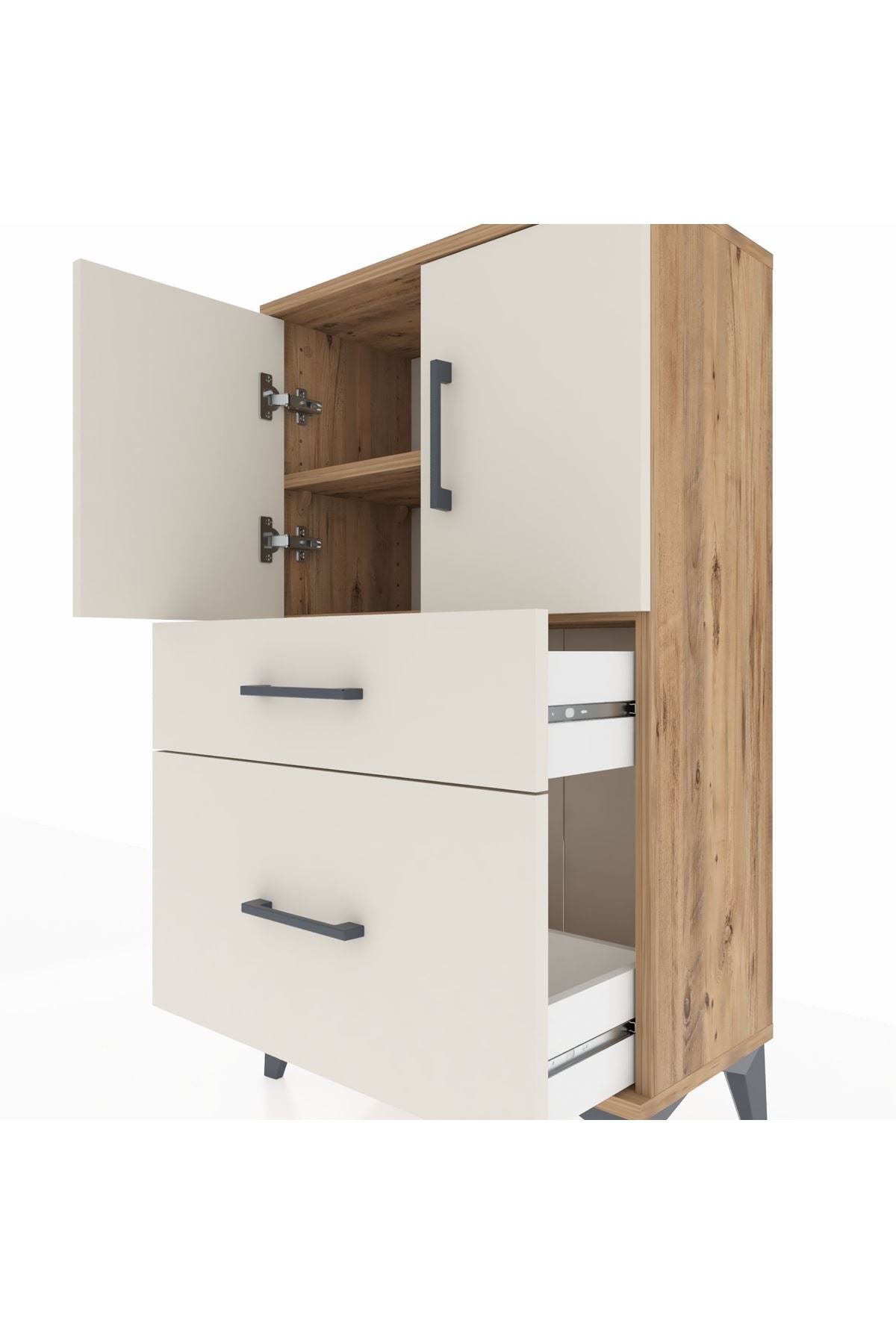 Arges Komodin 2 Raflı 2 Çekmeceli 2 Kapaklı 60x30x106 Çam-Aytaşı