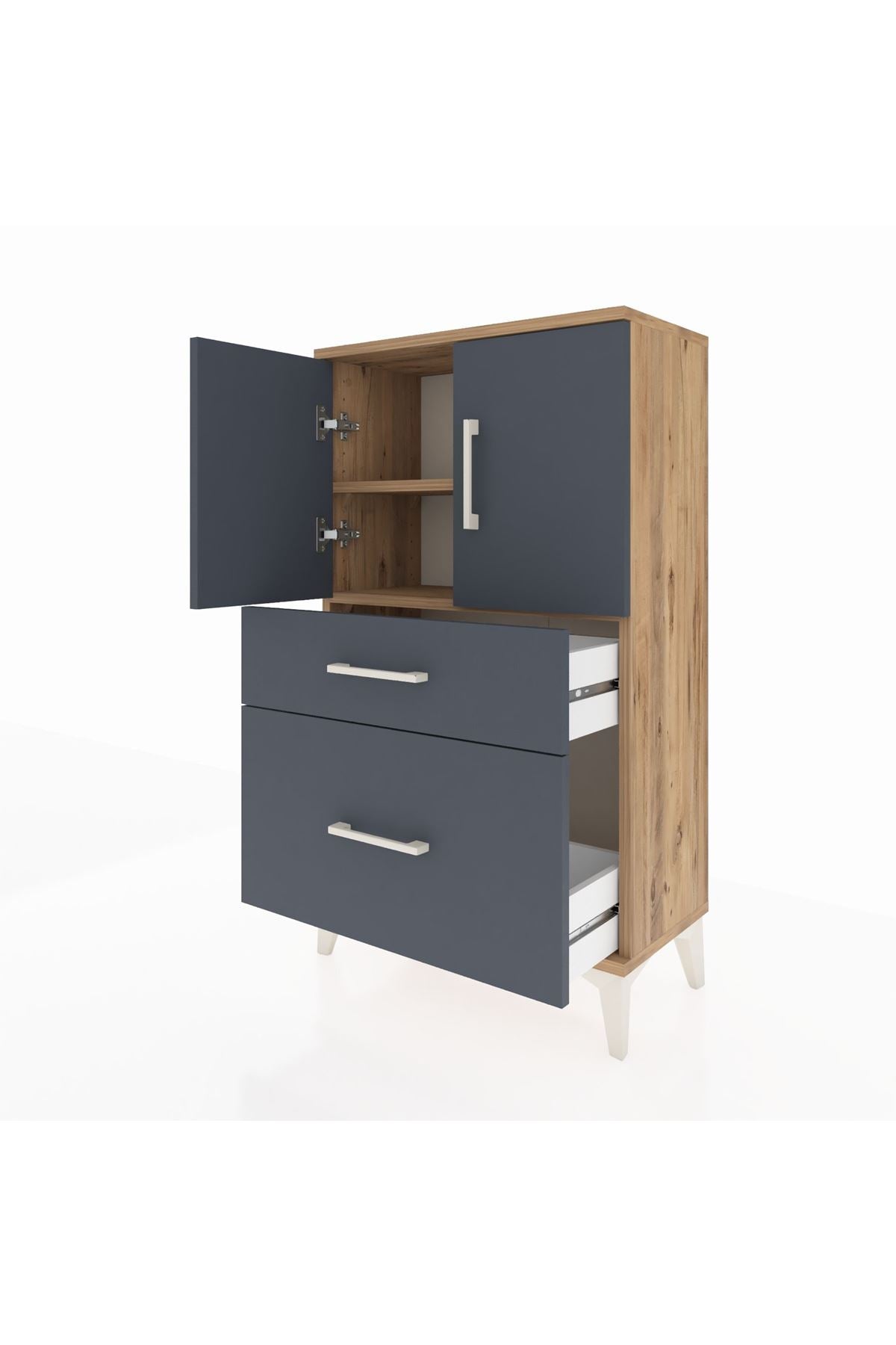 Arges Komodin 2 Raflı 2 Çekmeceli 2 Kapaklı 60x30x106 Çam-Antrasit