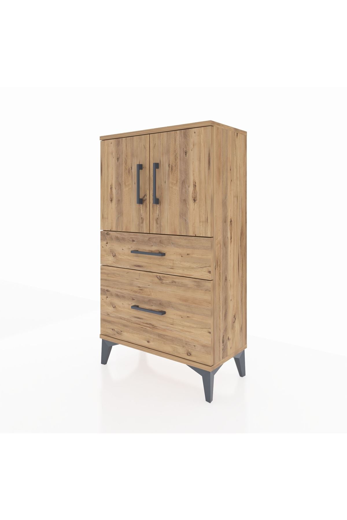 Arges Komodin 2 Raflı 2 Çekmeceli 2 Kapaklı 60x30x106 Çam-Çam