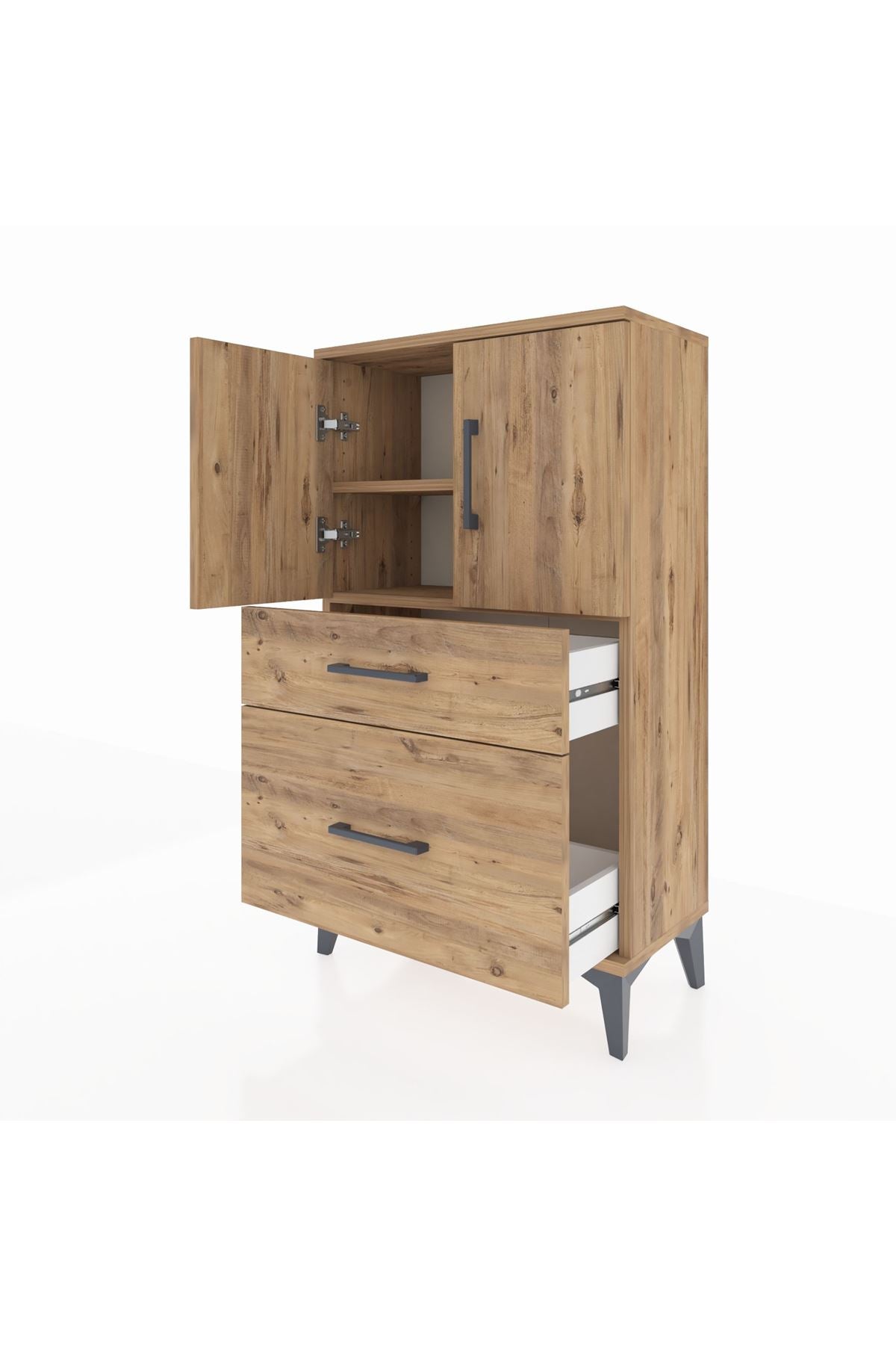 Arges Komodin 2 Raflı 2 Çekmeceli 2 Kapaklı 60x30x106 Çam-Çam