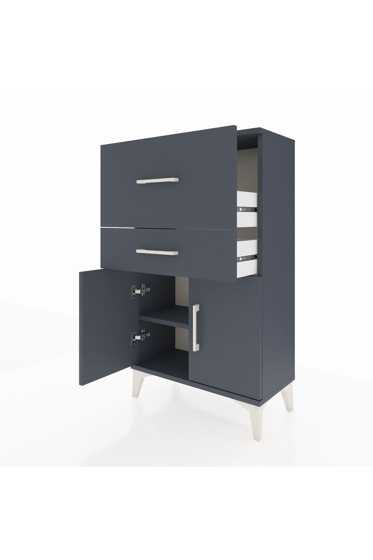 Arges Komodin Tek Raflı 2 Çekmeceli 2 Kapaklı 60x30x106 Antrasit-Antrasit