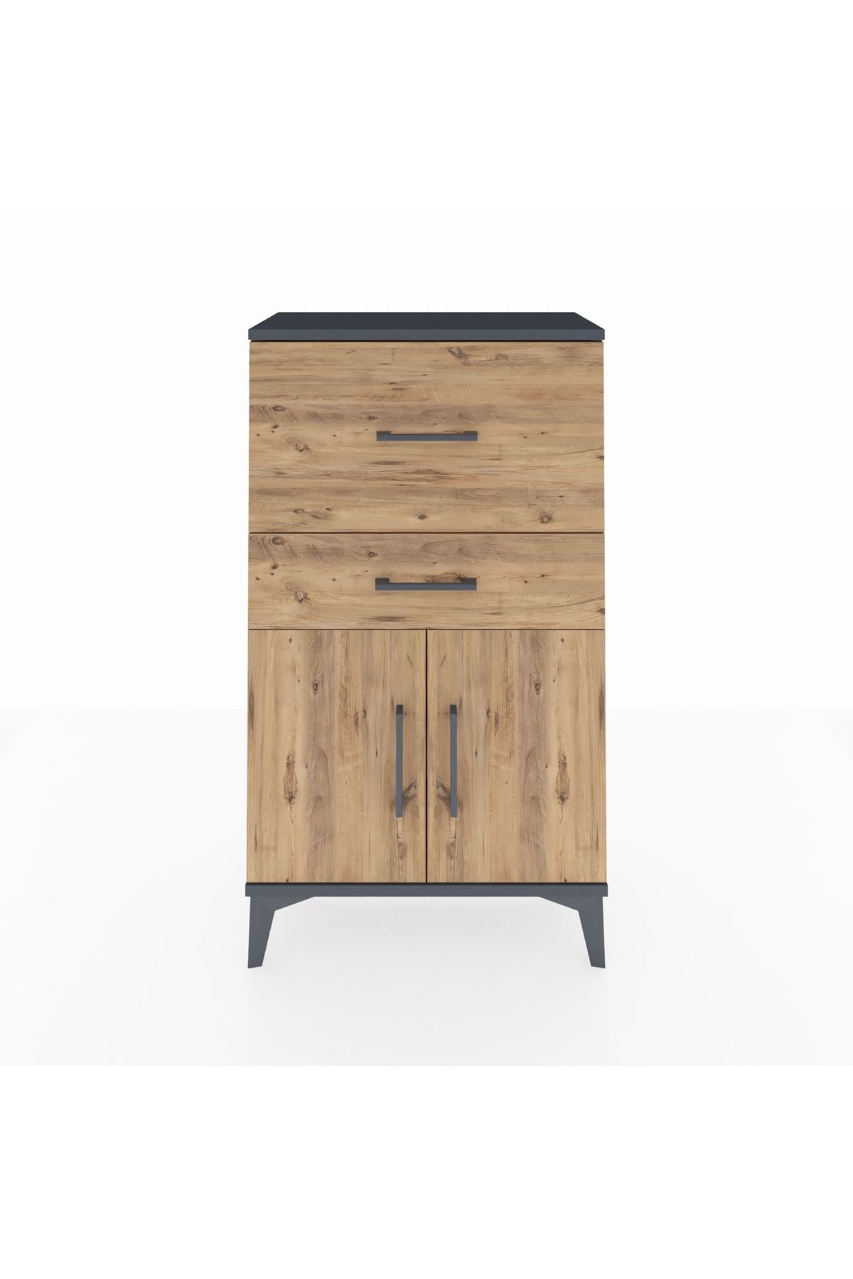 Arges Komodin Tek Raflı 2 Çekmeceli 2 Kapaklı 60x30x106 Antrasit-Çam