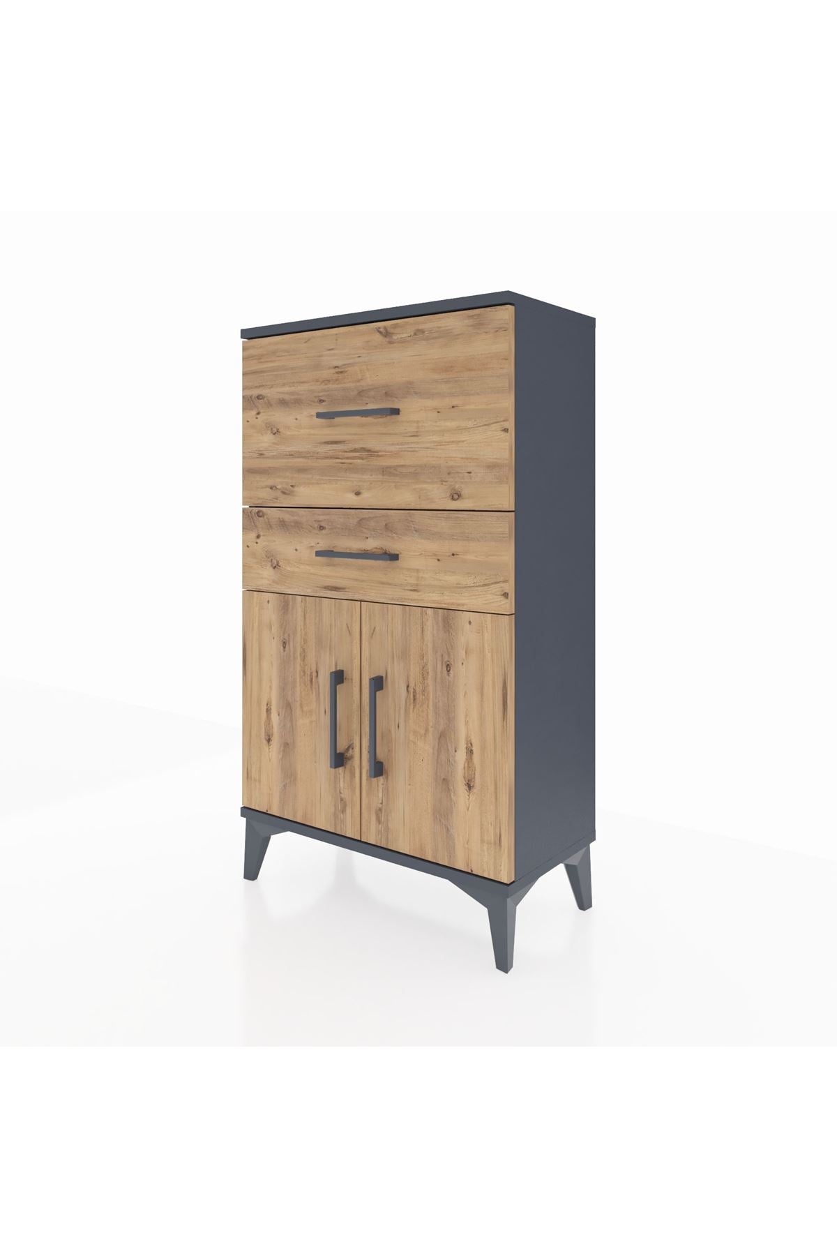 Arges Komodin Tek Raflı 2 Çekmeceli 2 Kapaklı 60x30x106 Antrasit-Çam