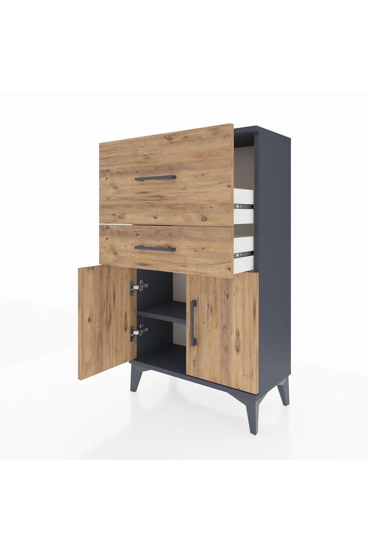 Arges Komodin Tek Raflı 2 Çekmeceli 2 Kapaklı 60x30x106 Antrasit-Çam