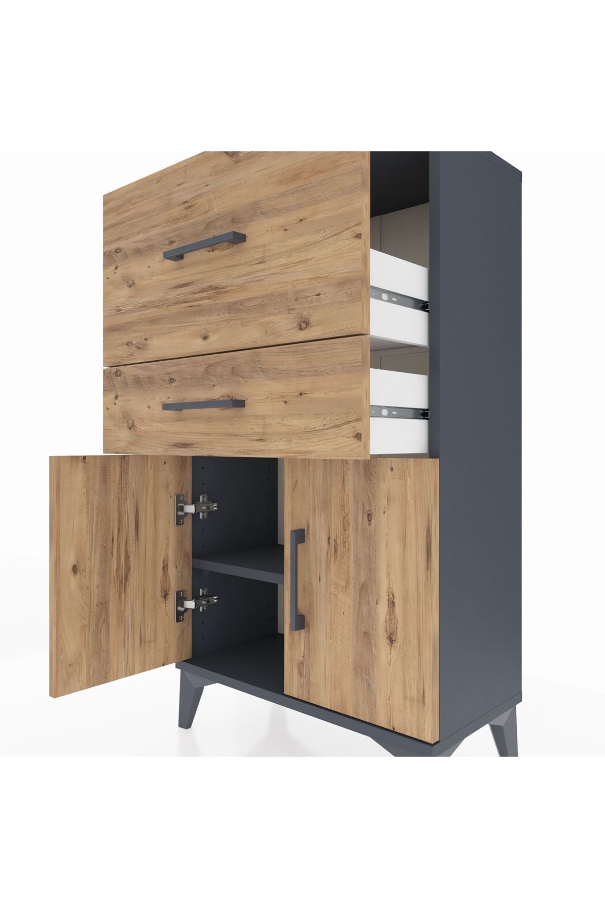 Arges Komodin Tek Raflı 2 Çekmeceli 2 Kapaklı 60x30x106 Antrasit-Çam