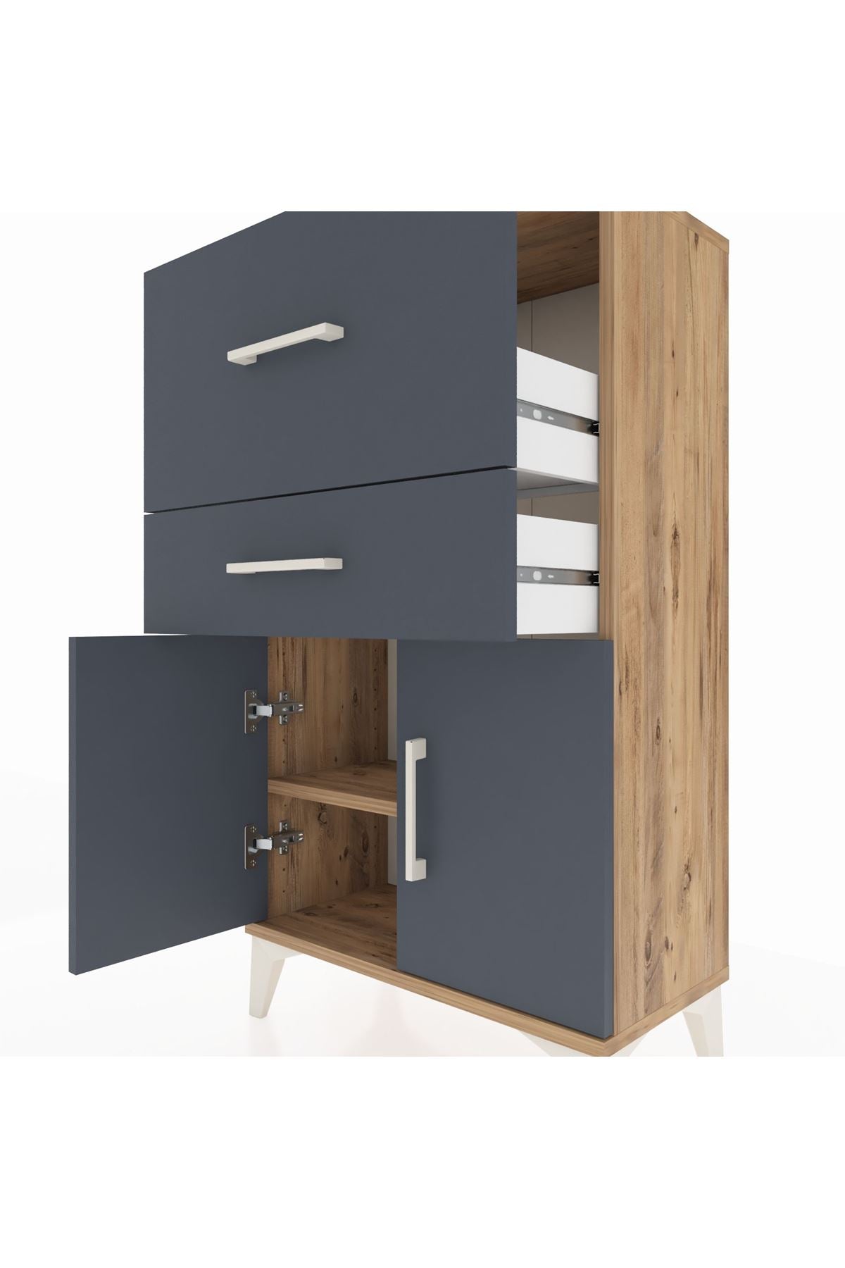 Arges Komodin Tek Raflı 2 Çekmeceli 2 Kapaklı 60x30x106 Çam-Antrasit