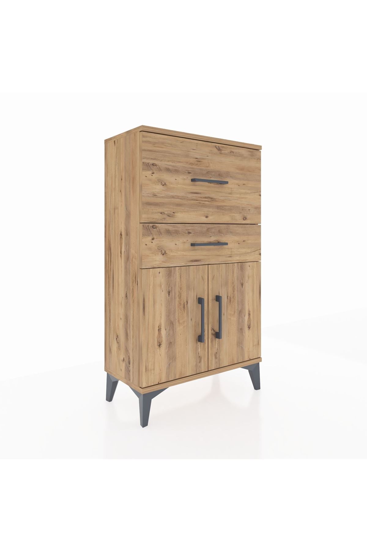 Arges Komodin Tek Raflı 2 Çekmeceli 2 Kapaklı 60x30x106 Çam-Çam