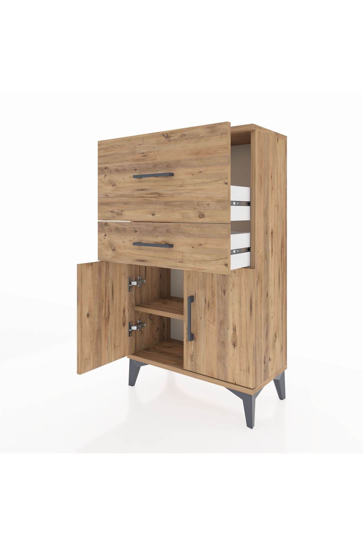 Arges Komodin Tek Raflı 2 Çekmeceli 2 Kapaklı 60x30x106 Çam-Çam