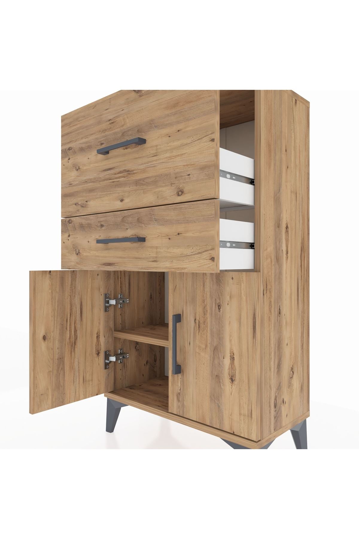 Arges Komodin Tek Raflı 2 Çekmeceli 2 Kapaklı 60x30x106 Çam-Çam