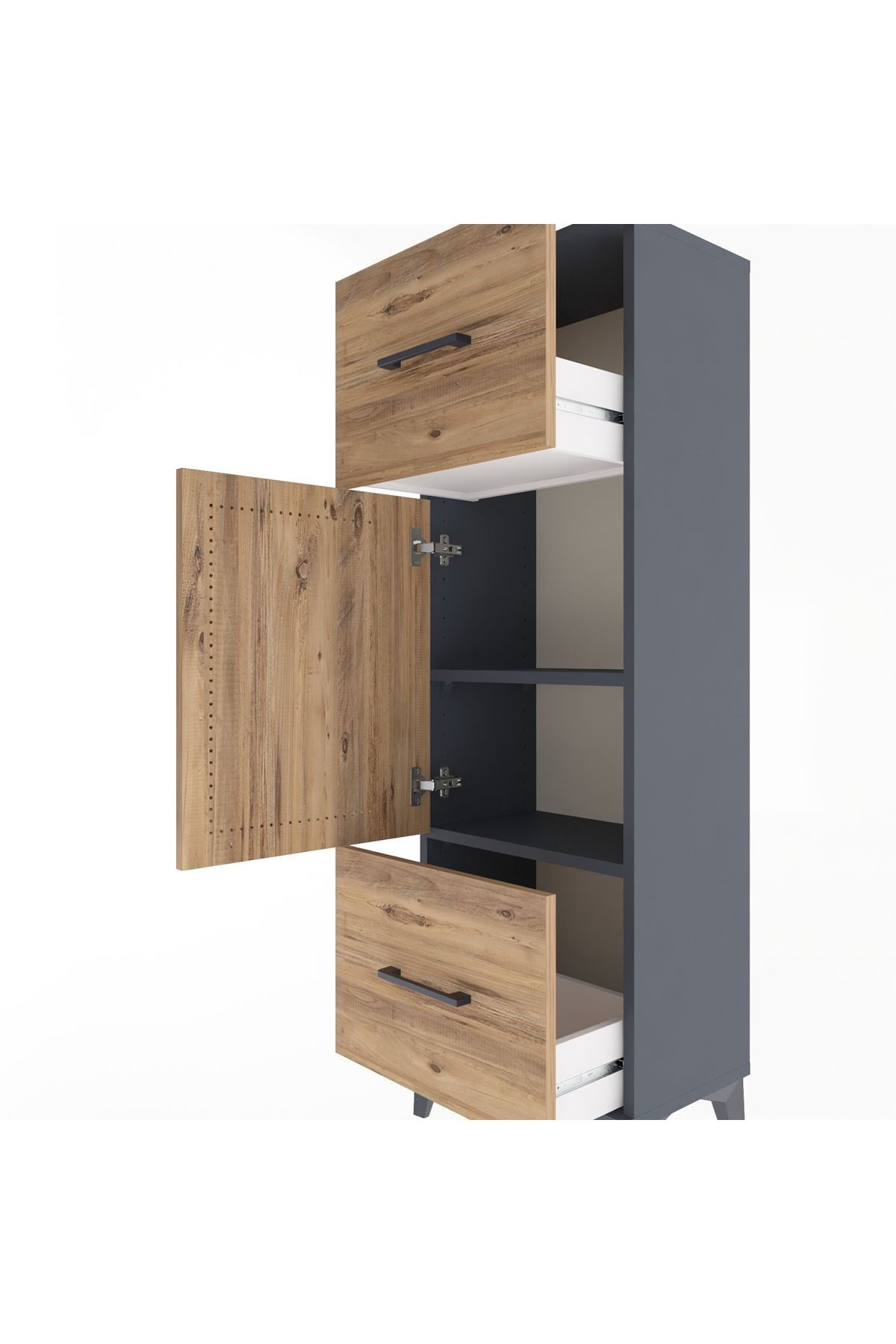 Arges Dolap 2 Raflı 2 Çekmeceli Tek Kapaklı 44x30x134 Antrasit-Çam