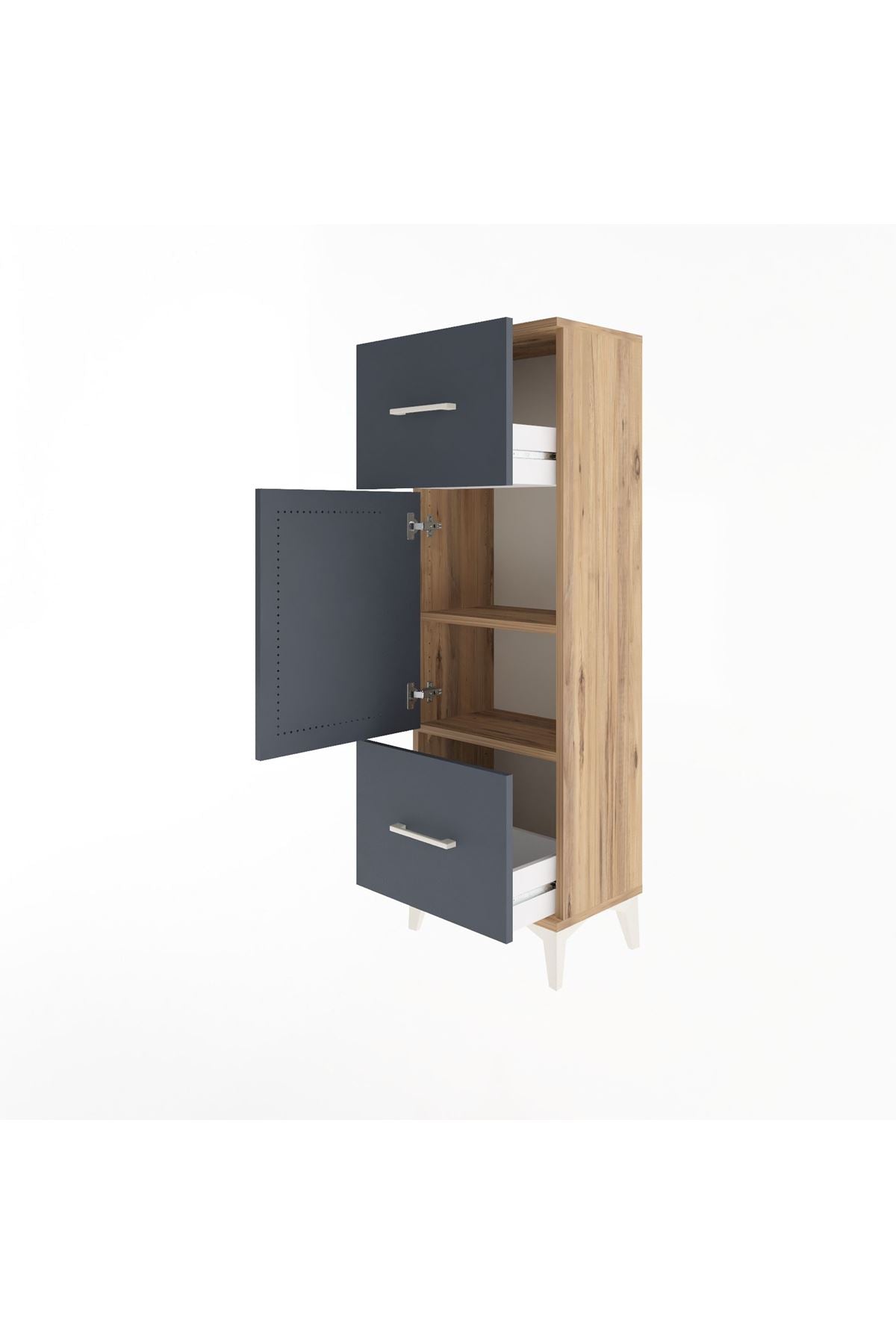 Arges Dolap 2 Raflı 2 Çekmeceli Tek Kapaklı 44x30x134 Çam-Antrasit