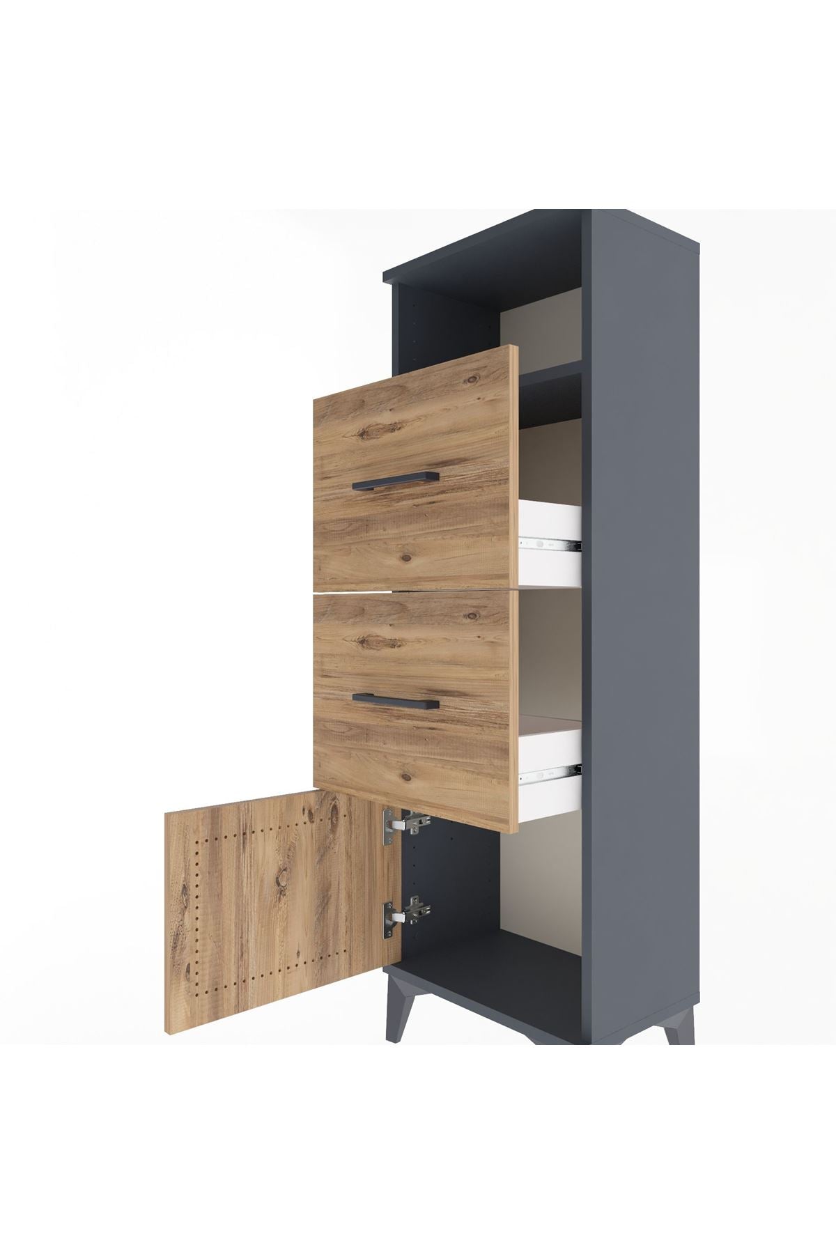 Arges Dolap Tek Raflı 2 Çekmeceli Tek Kapaklı 44x30x134 Antrasit-Çam