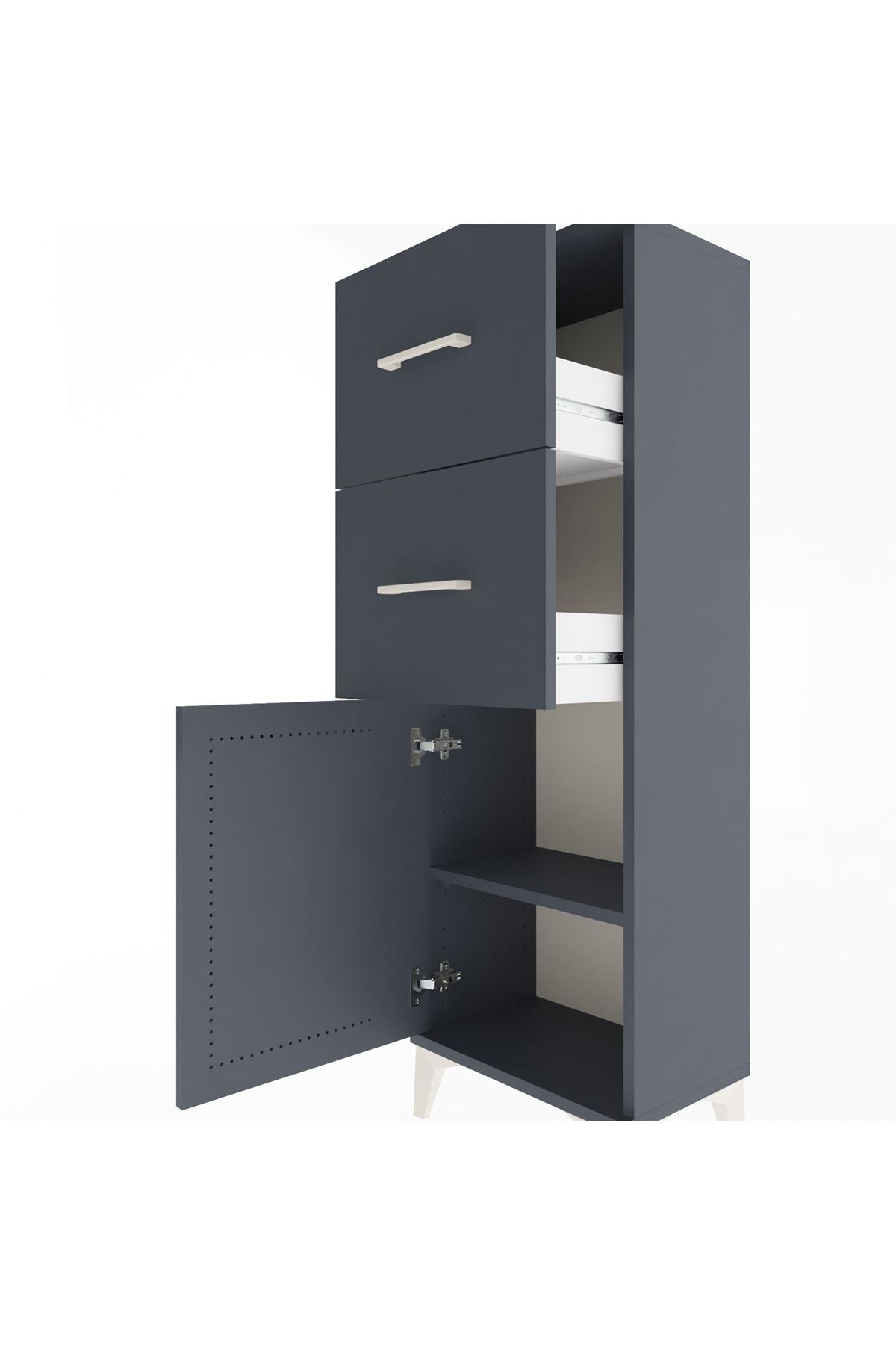 Arges Dolap Tek Raflı 2 Çekmeceli Tek Kapaklı 44x30x134 Antrasit-Antrasit