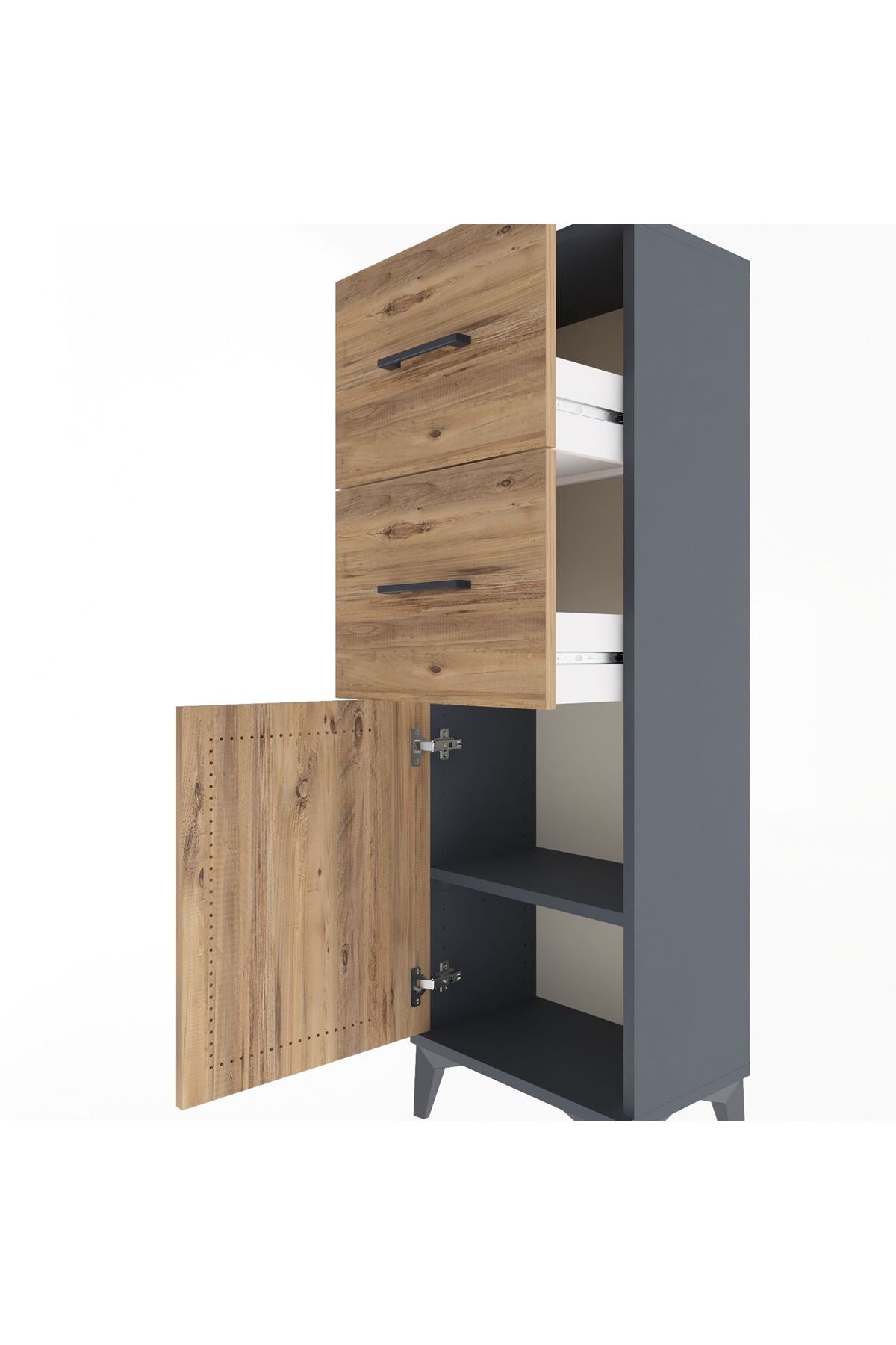 Arges Dolap Tek Raflı 2 Çekmeceli Tek Kapaklı 44x30x134 Antrasit-Çam