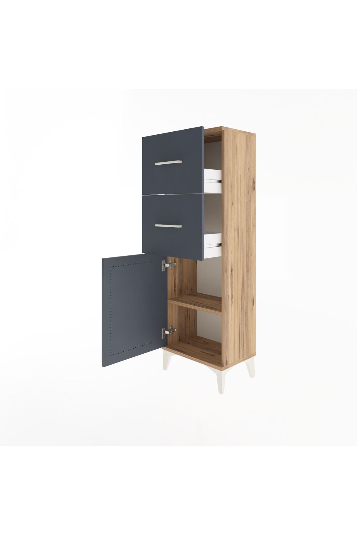 Arges Dolap Tek Raflı 2 Çekmeceli Tek Kapaklı 44x30x134 Çam-Antrasit