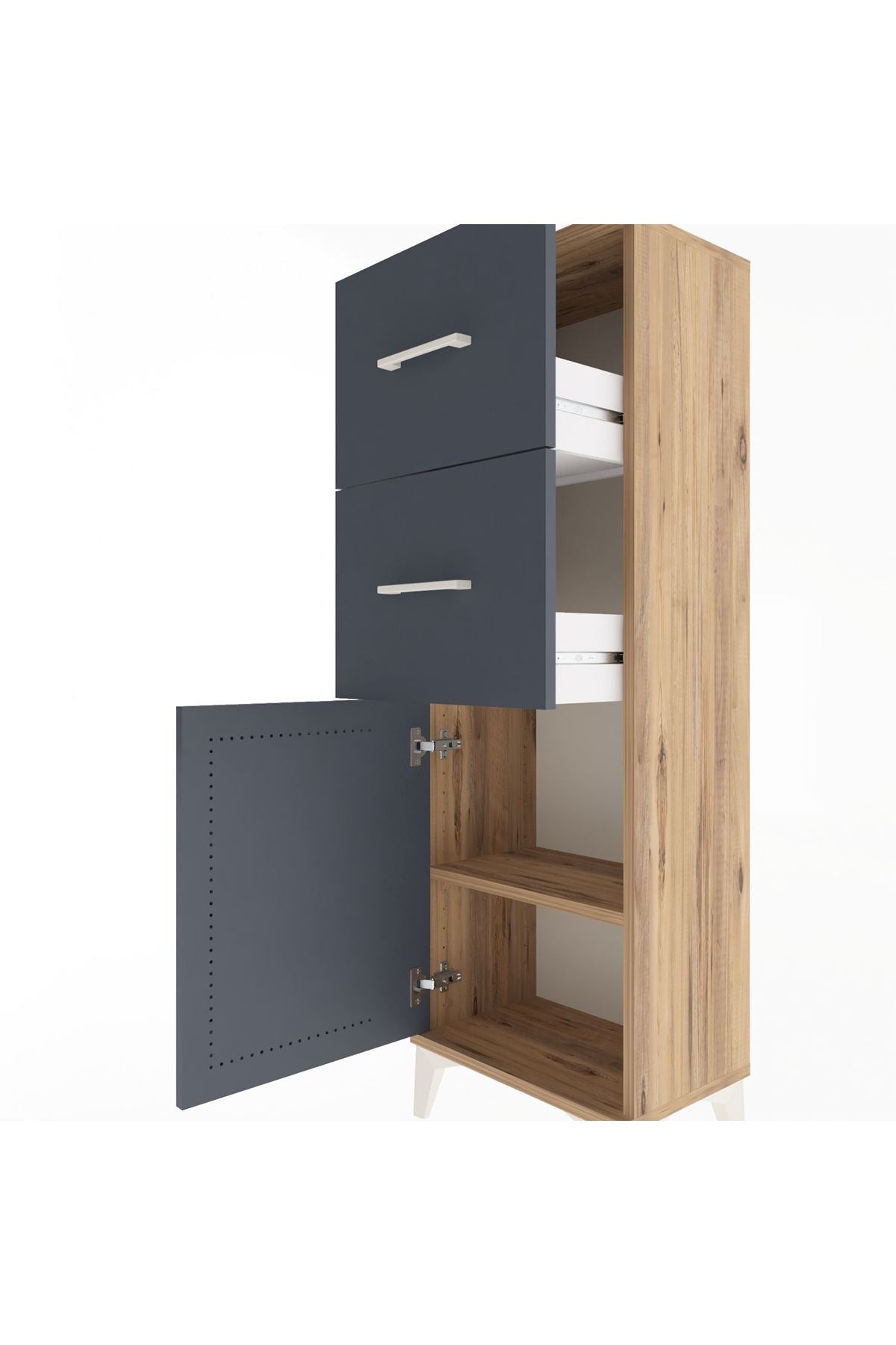 Arges Dolap Tek Raflı 2 Çekmeceli Tek Kapaklı 44x30x134 Çam-Antrasit