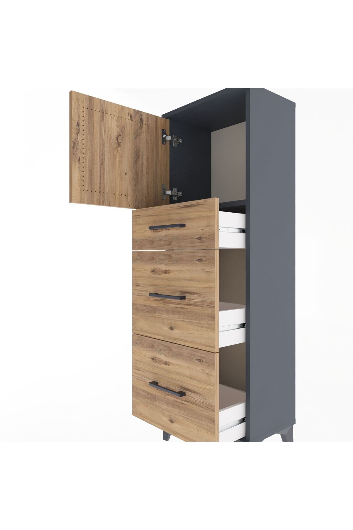 Arges Dolap Tek Raflı 3 Çekmeceli Tek Kapaklı 44x30x134 Antrasit-Çam