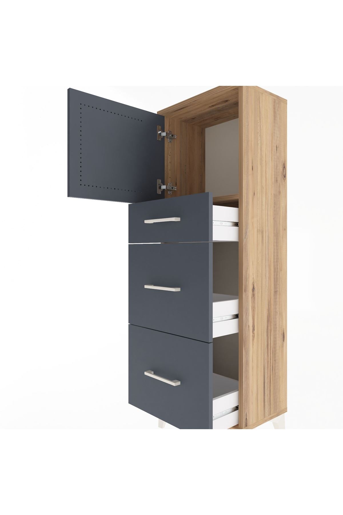 Arges Dolap Tek Raflı 3 Çekmeceli Tek Kapaklı 44x30x134 Çam-Antrasit