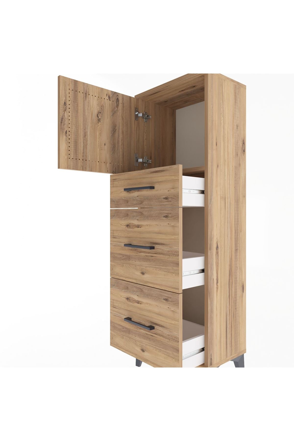 Arges Dolap Tek Raflı 3 Çekmeceli Tek Kapaklı 44x30x134 Çam-Çam