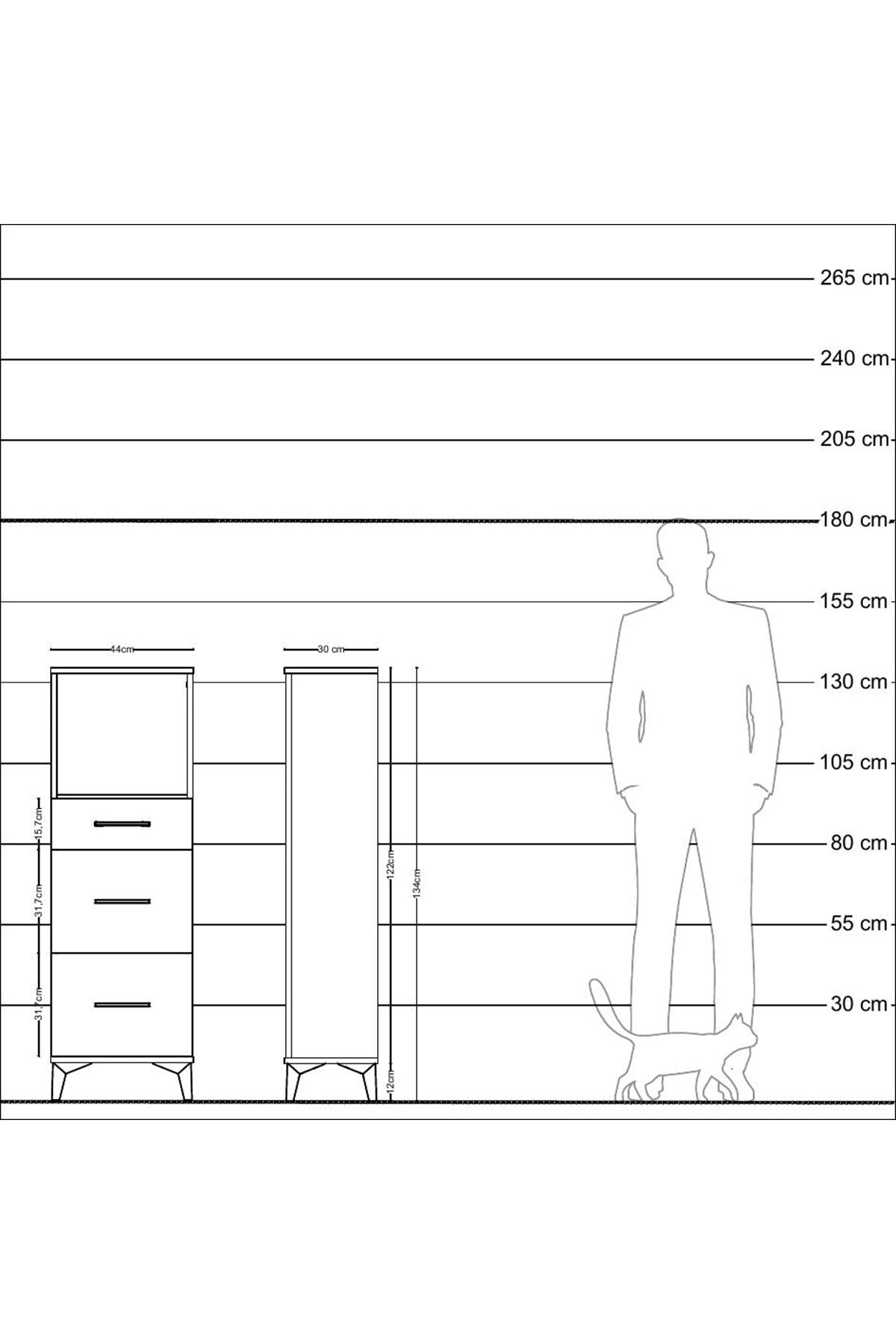 Arges Dolap Tek Raflı 3 Çekmeceli 44x30x134 Çam-Antrasit