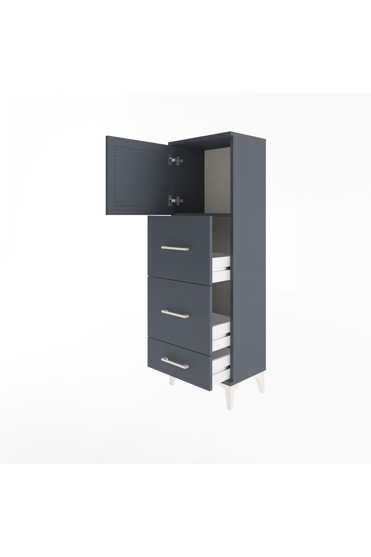 Arges Dolap Tek Raflı 3 Çekmeceli Tek Kapaklı 44x30x134 Antrasit-Antrasit