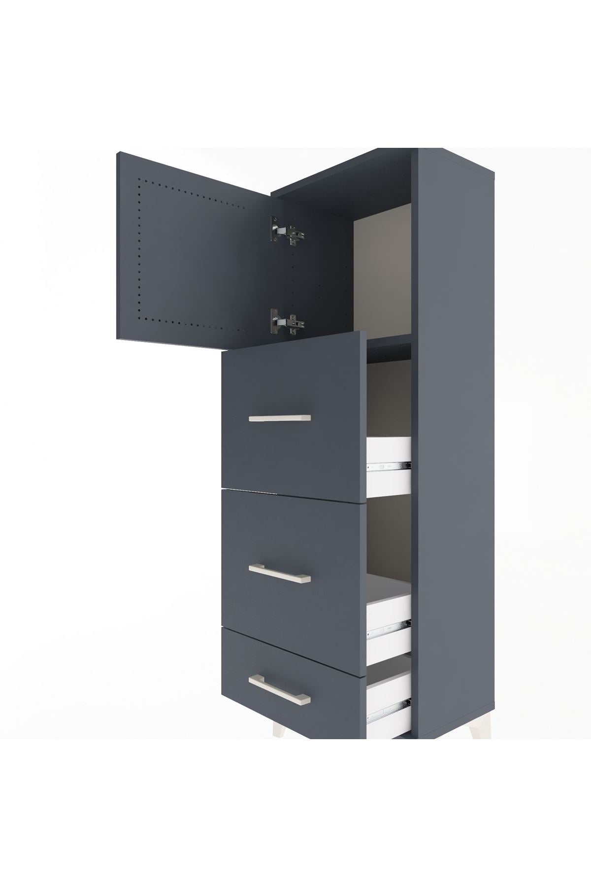 Arges Dolap Tek Raflı 3 Çekmeceli Tek Kapaklı 44x30x134 Antrasit-Antrasit