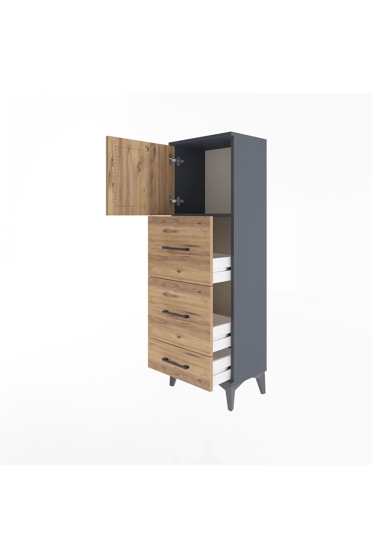 Arges Dolap Tek Raflı 3 Çekmeceli Tek Kapaklı 44x30x134 Antrasit-Çam