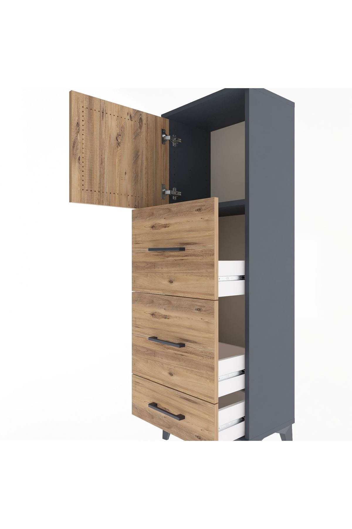 Arges Dolap Tek Raflı 3 Çekmeceli Tek Kapaklı 44x30x134 Antrasit-Çam