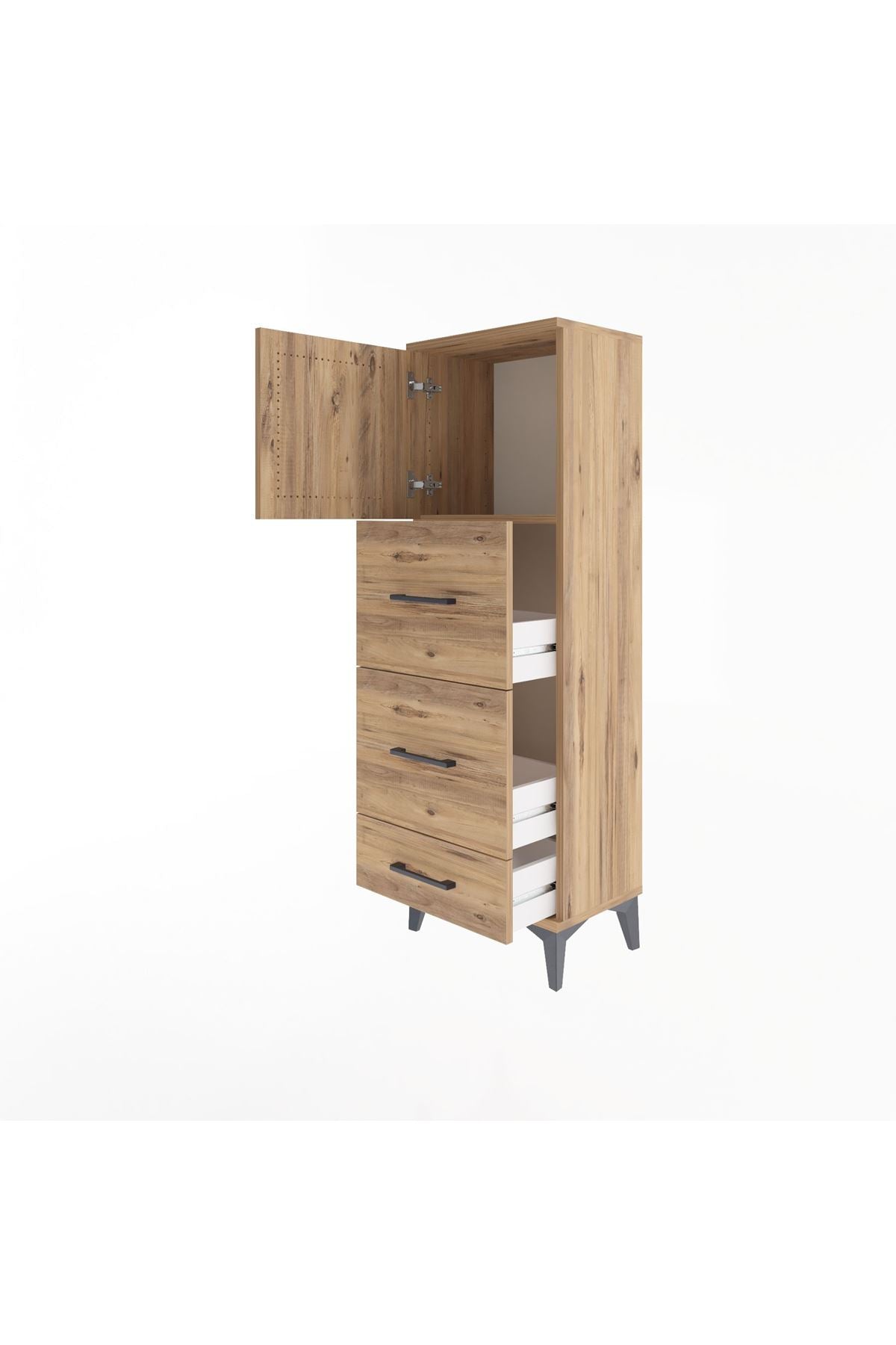 Arges Dolap Tek Raflı 3 Çekmeceli Tek Kapaklı 44x30x134 Çam-Çam