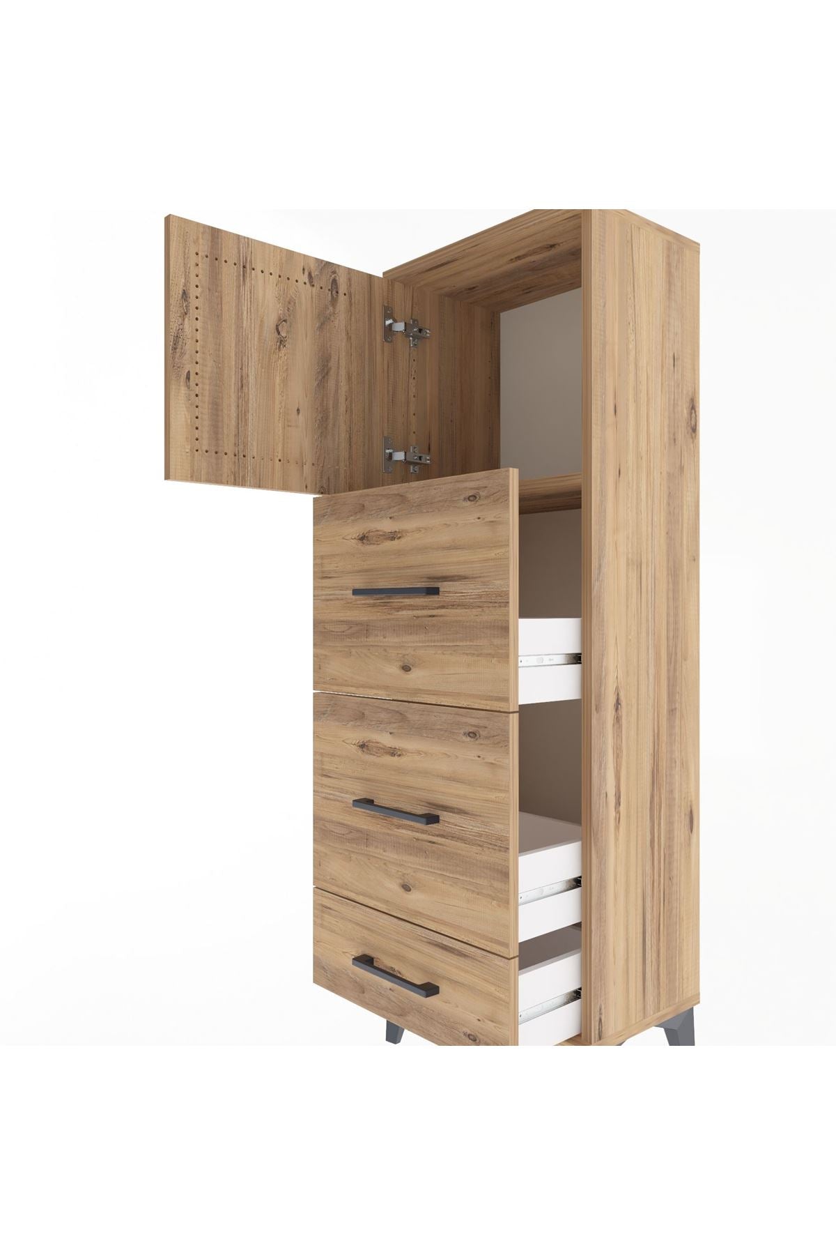 Arges Dolap Tek Raflı 3 Çekmeceli Tek Kapaklı 44x30x134 Çam-Çam