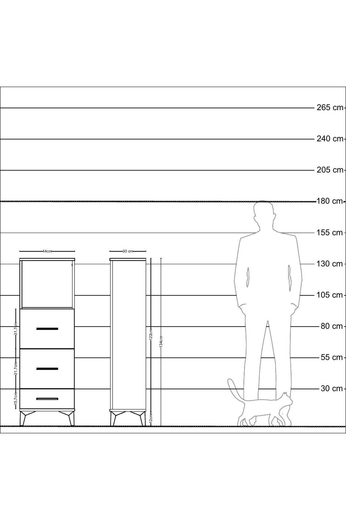 Arges Dolap Tek Raflı 3 Çekmeceli 44x30x134 Çam-Antrasit