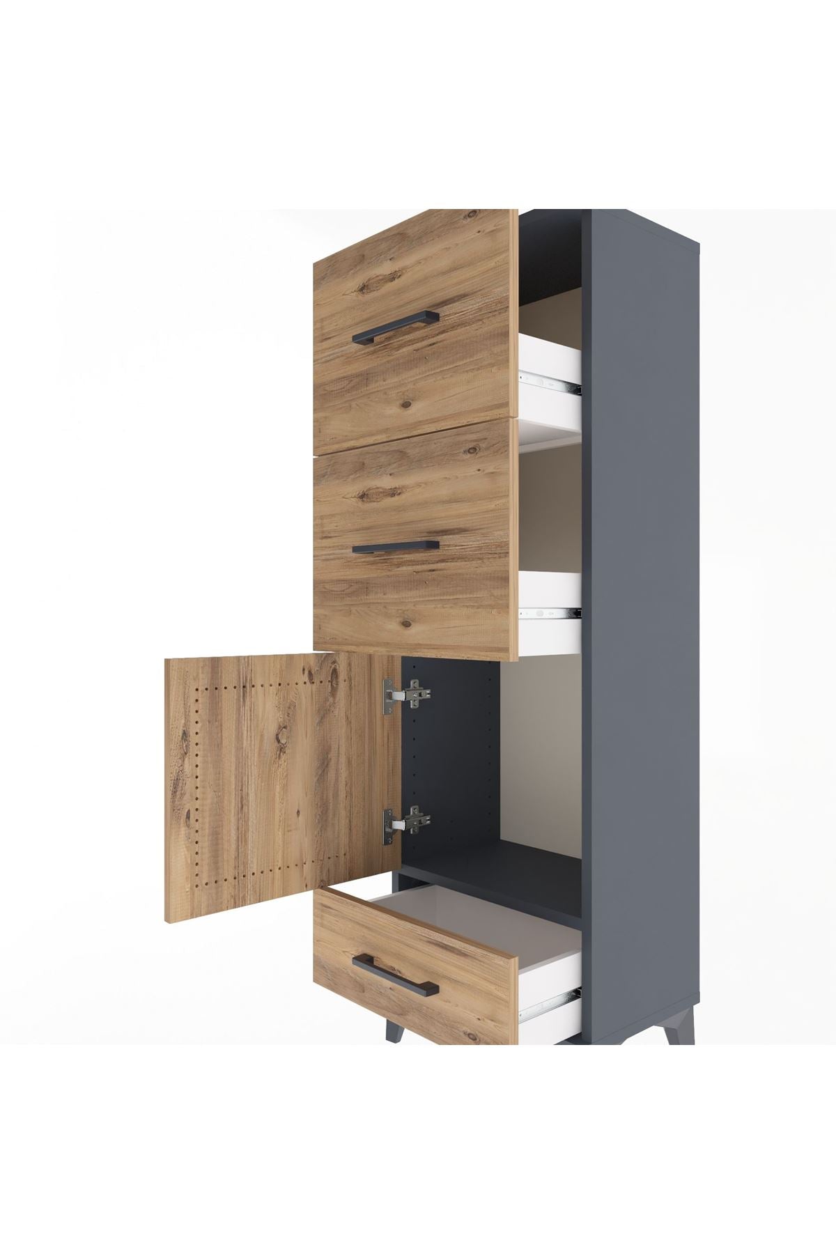 Arges Dolap Tek Raflı 3 Çekmeceli Tek Kapaklı 44x30x134 Antrasit-Çam